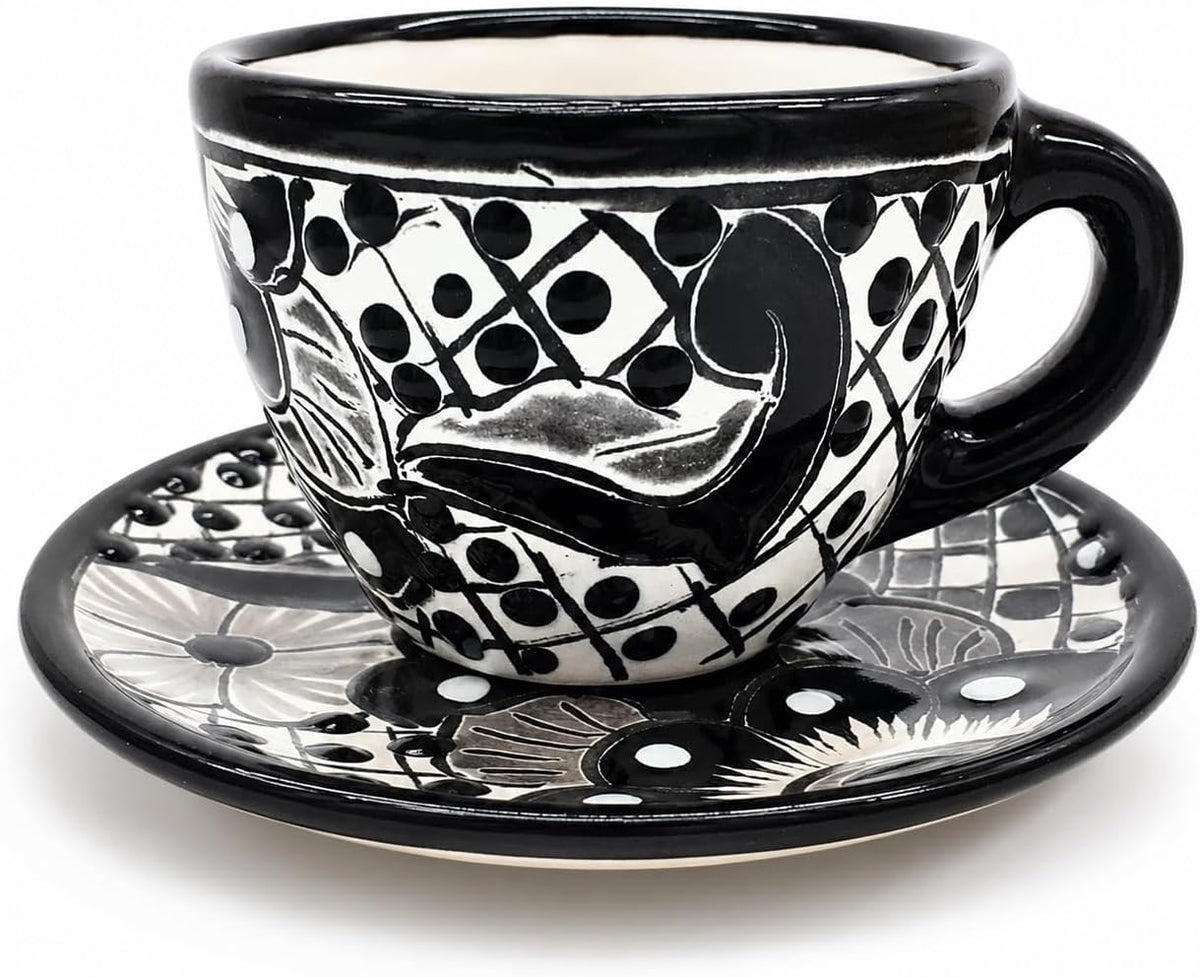 Black & White Mexican Espresso Cup & Saucer Set — angled view