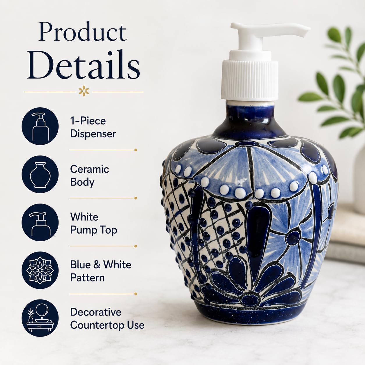 Blue & White Talavera, Style Soap & Lotion Dispenser β alternate angle