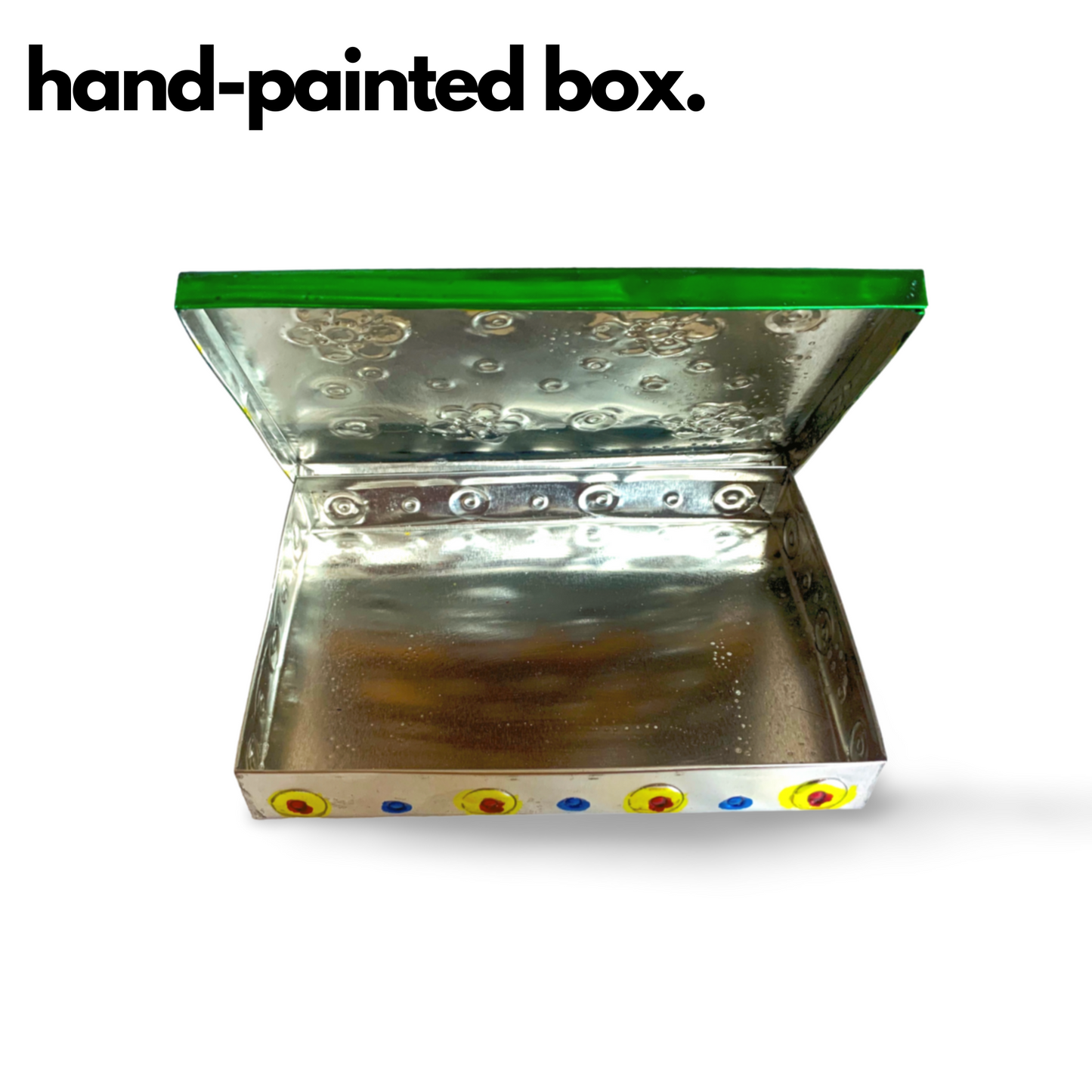 Hand-painted Mexican Milagros charms set of 7 with a decorative tin box, ready for hanging or use as bookmarks.