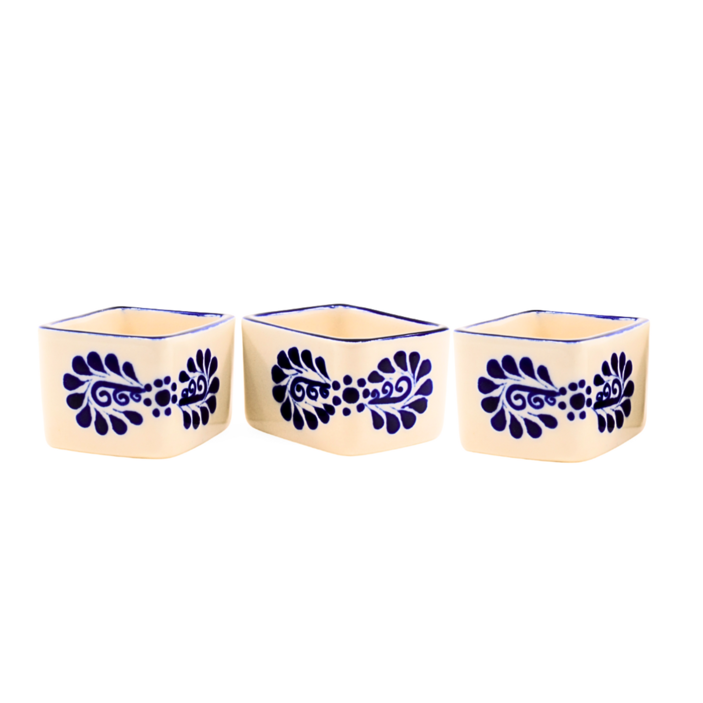 A set of 3 vibrant Talavera salsa and spices bowls, handmade and hand-painted in Mexico, perfect for a variety of condiments.