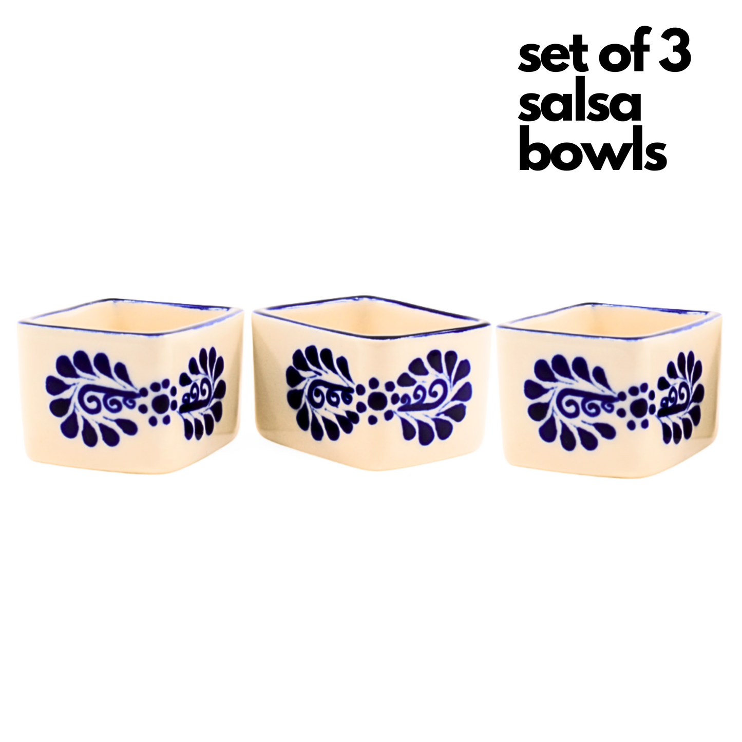 A set of 3 vibrant Talavera salsa and spices bowls, handmade and hand-painted in Mexico, perfect for a variety of condiments.