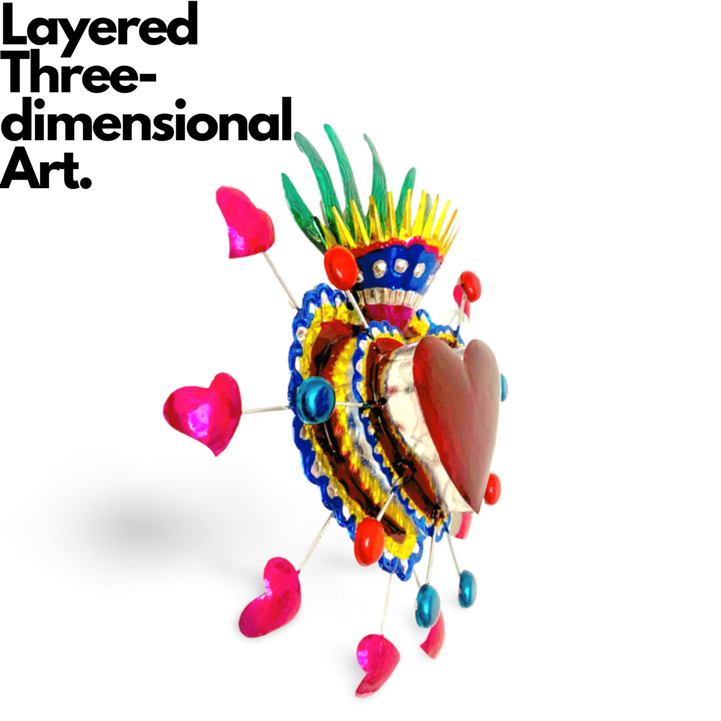 Vibrant, handcrafted Embossed Tin Heart Milagro wall decor, a unique piece of Mexican folk art, adding color and charm to any space.