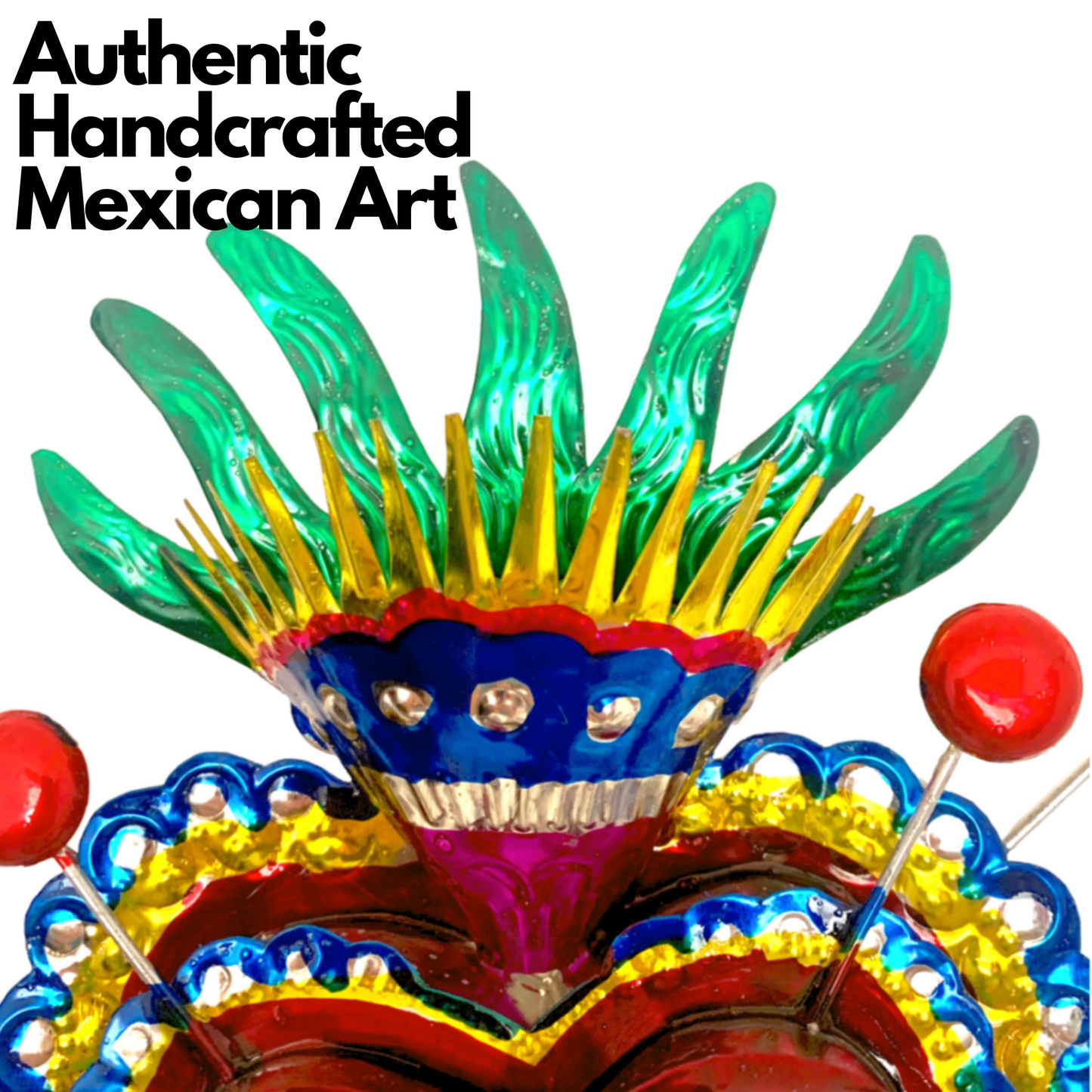 Vibrant, handcrafted Embossed Tin Heart Milagro wall decor, a unique piece of Mexican folk art, adding color and charm to any space.