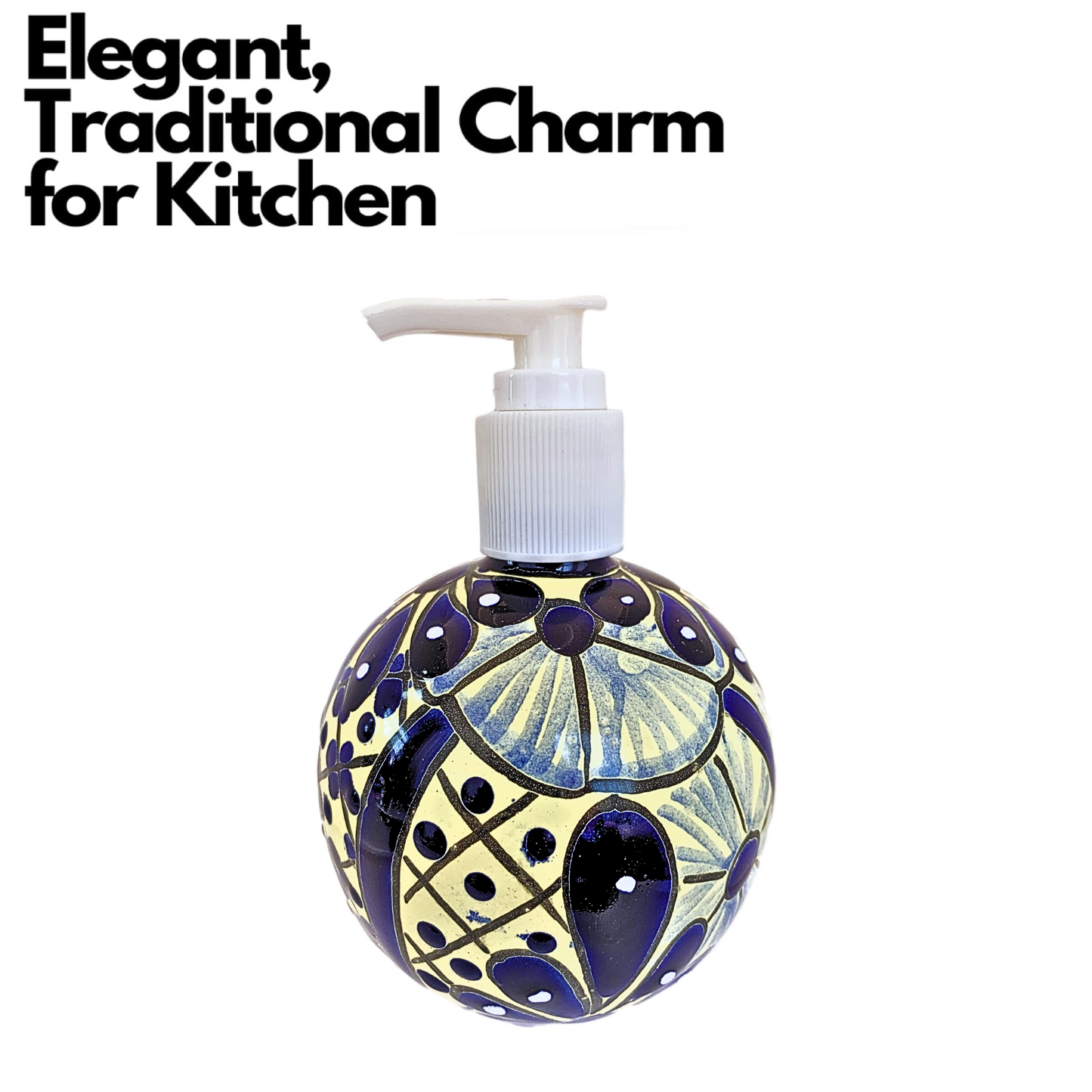 A spherical soap dispenser, hand-painted in blue and white Talavera design, adding a vibrant touch to any kitchen or bathroom.