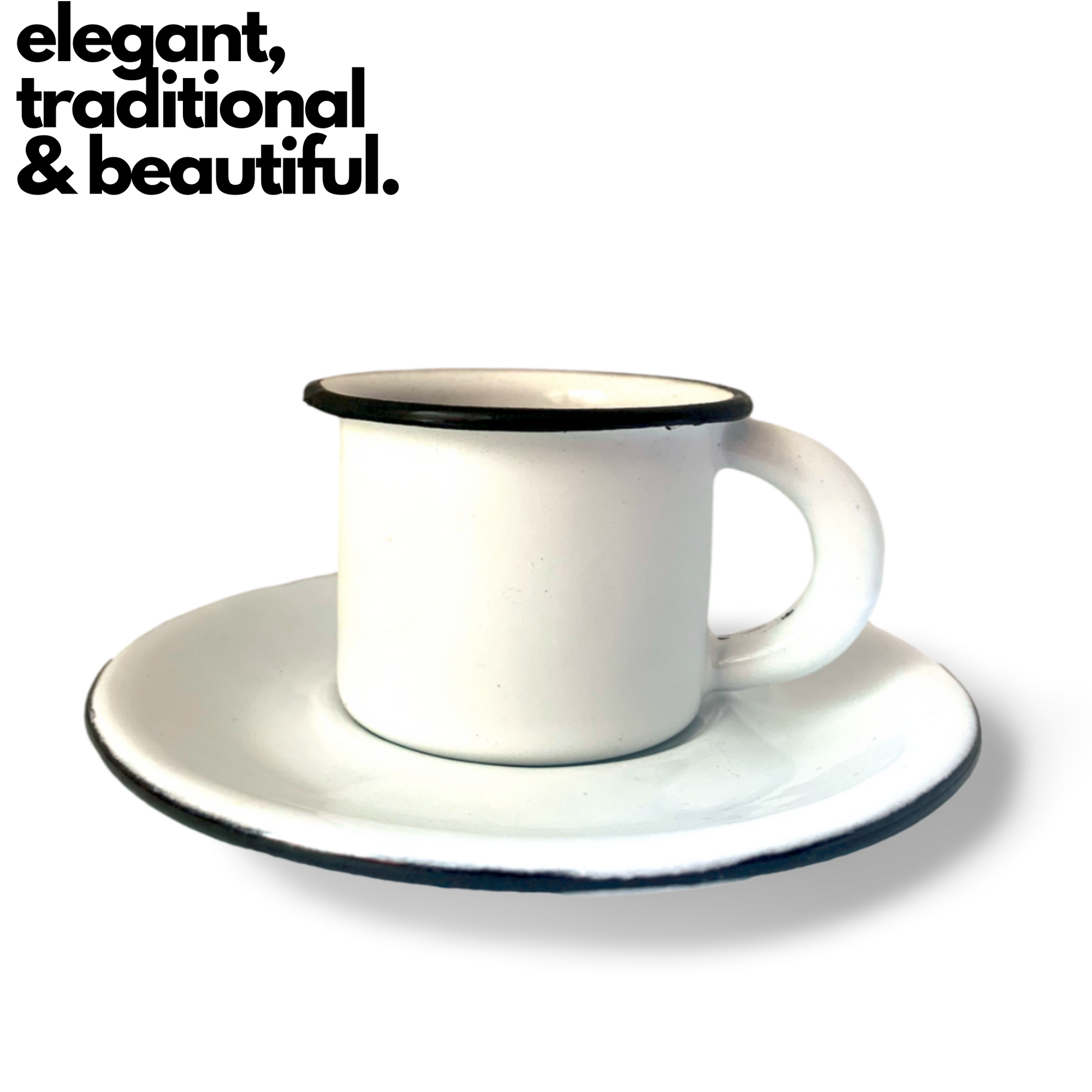 2 oz Mexican White hand-finished enamel espresso cup with 5" saucer. Perfect for a refined morning coffee ritual.