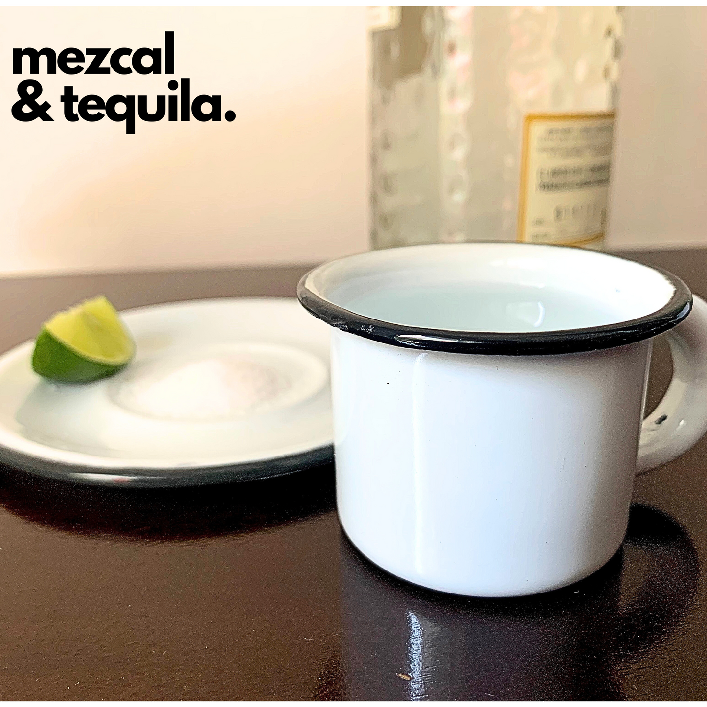 2 oz Mexican White hand-finished enamel espresso cup with 5" saucer. Perfect for a refined morning coffee ritual.