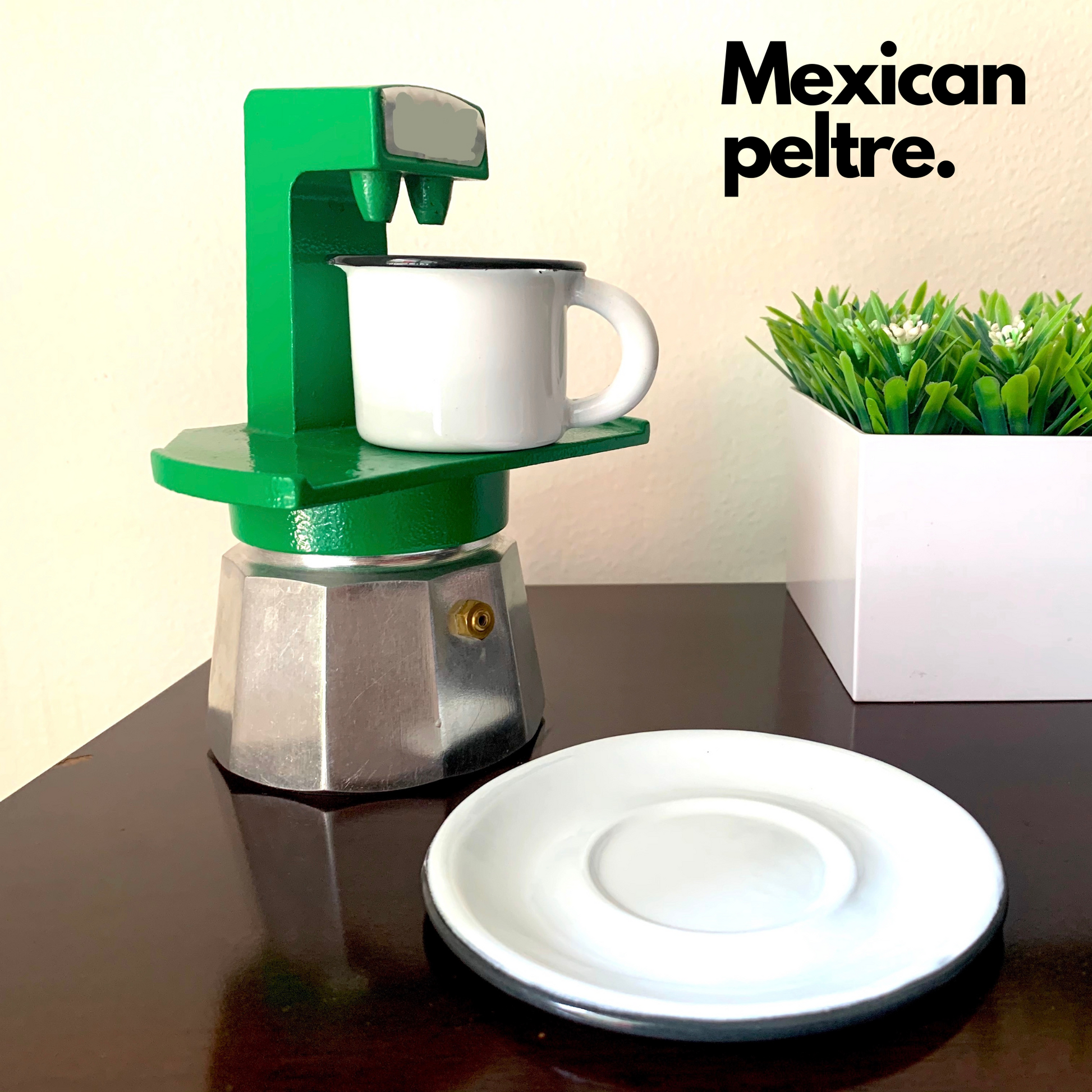 2 oz Mexican White hand-finished enamel espresso cup with 5" saucer. Perfect for a refined morning coffee ritual.
