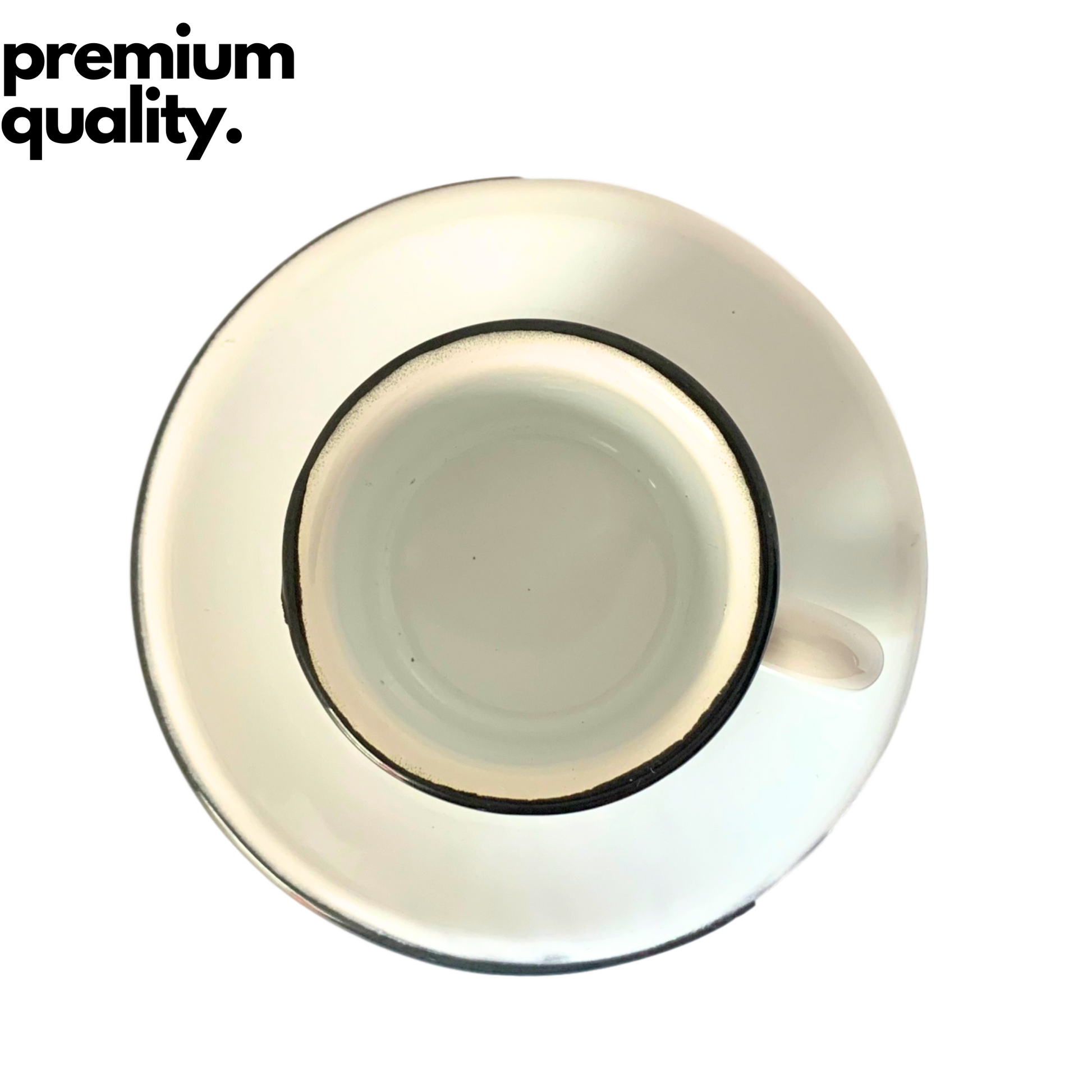 2 oz Mexican White hand-finished enamel espresso cup with 5" saucer. Perfect for a refined morning coffee ritual.