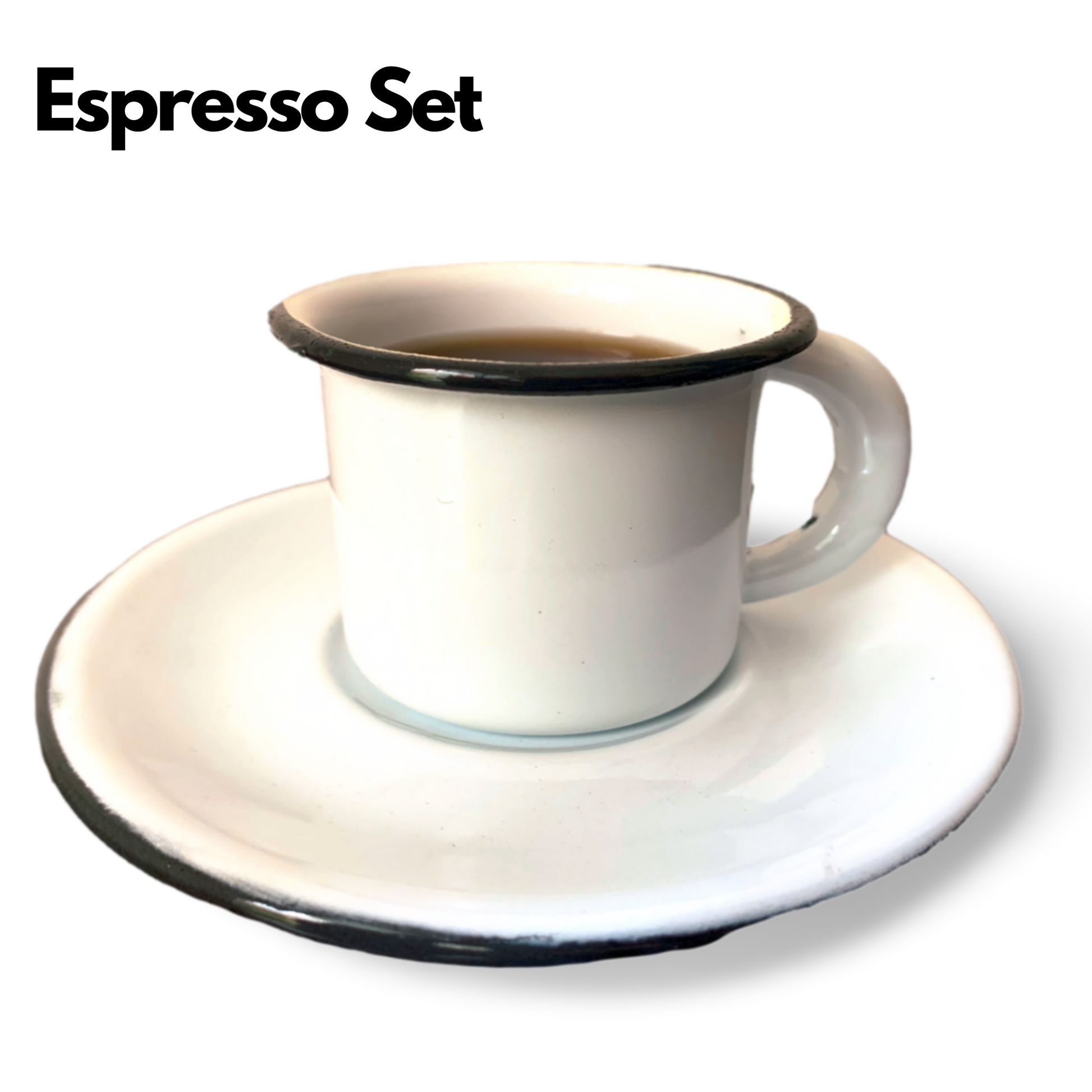 2 oz Mexican White hand-finished enamel espresso cup with 5" saucer. Perfect for a refined morning coffee ritual.