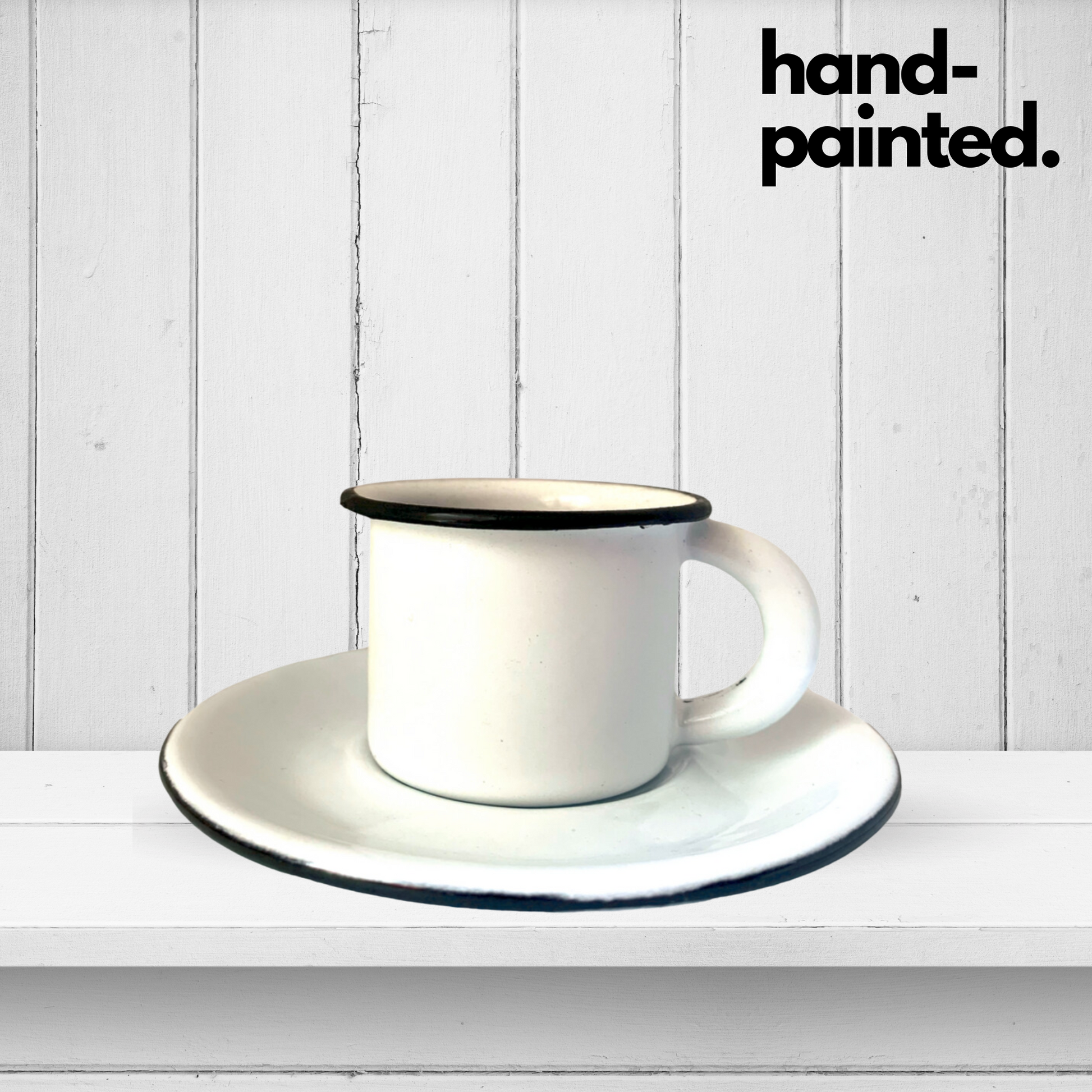 2 oz Mexican White hand-finished enamel espresso cup with 5" saucer. Perfect for a refined morning coffee ritual.