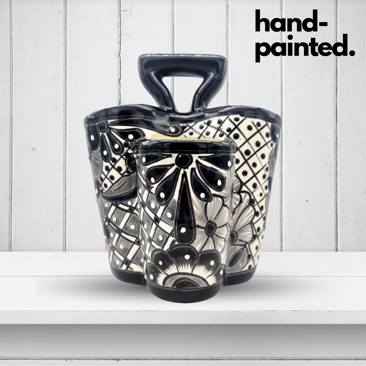 Large black and white ceramic utensil holder, hand-painted, handmade Mexican pottery, perfect as a kitchen organizer.