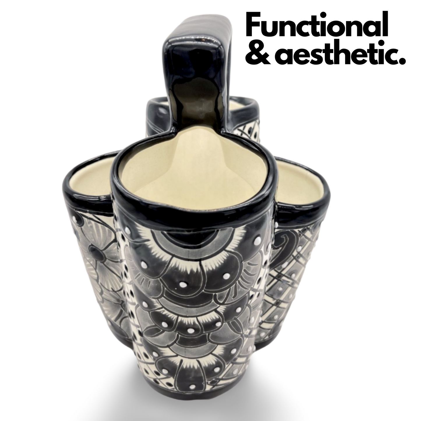 Large black and white ceramic utensil holder, hand-painted, handmade Mexican pottery, perfect as a kitchen organizer.