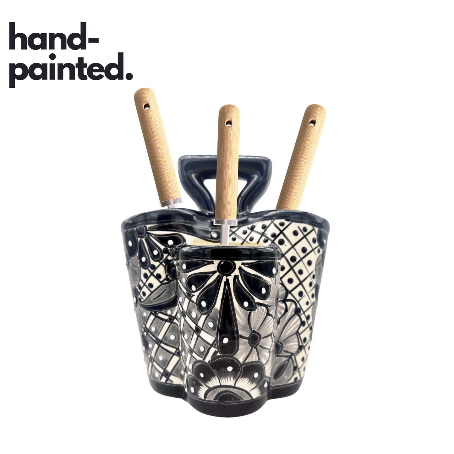 Large black and white ceramic utensil holder, hand-painted, handmade Mexican pottery, perfect as a kitchen organizer.