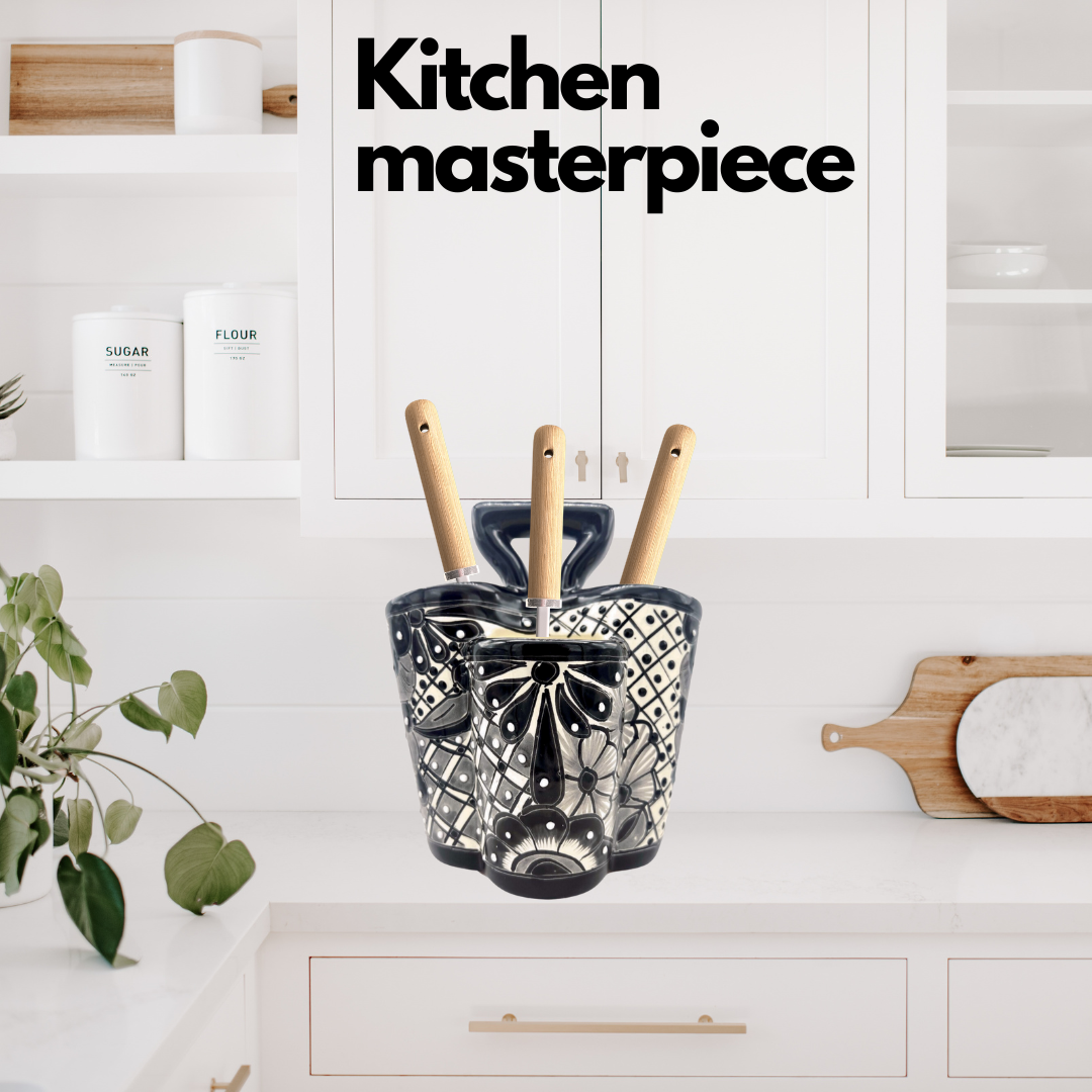 Large black and white ceramic utensil holder, hand-painted, handmade Mexican pottery, perfect as a kitchen organizer.