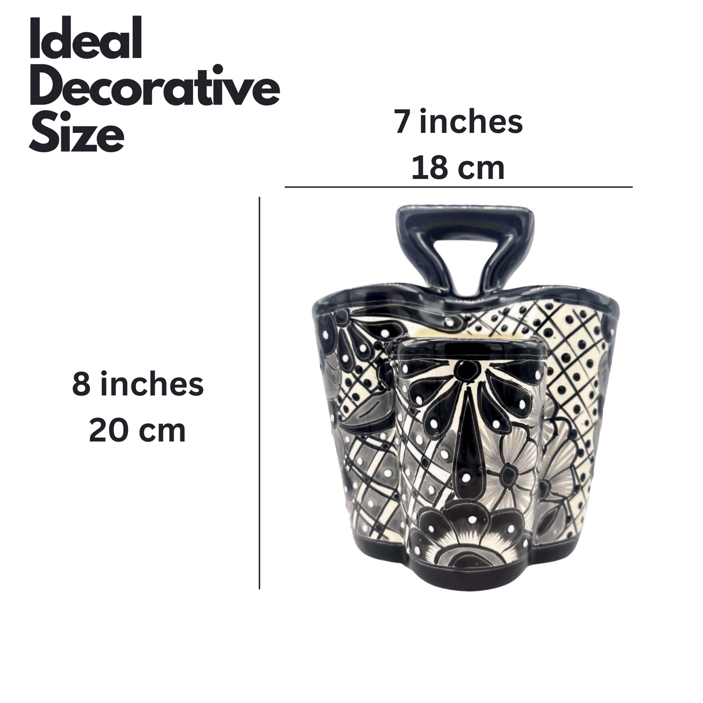 Large black and white ceramic utensil holder, hand-painted, handmade Mexican pottery, perfect as a kitchen organizer.