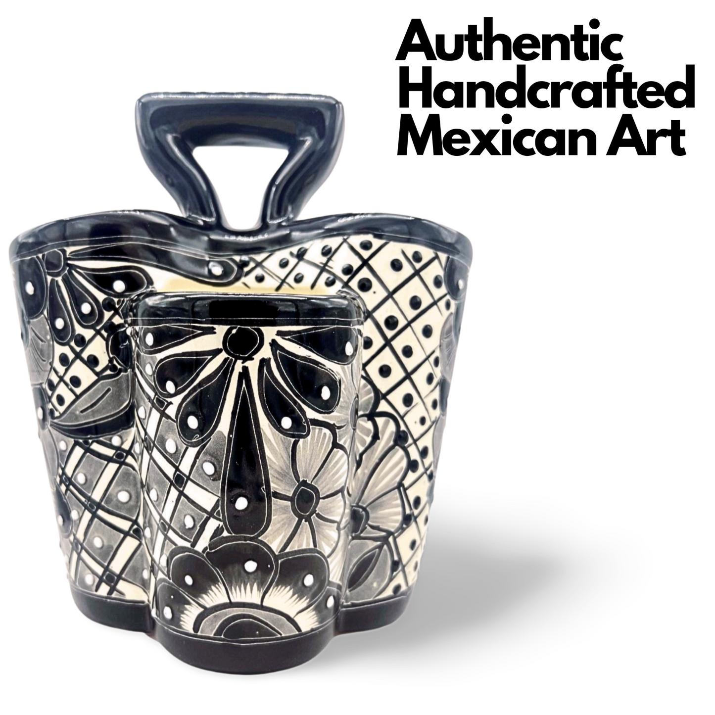 Large black and white ceramic utensil holder, hand-painted, handmade Mexican pottery, perfect as a kitchen organizer.