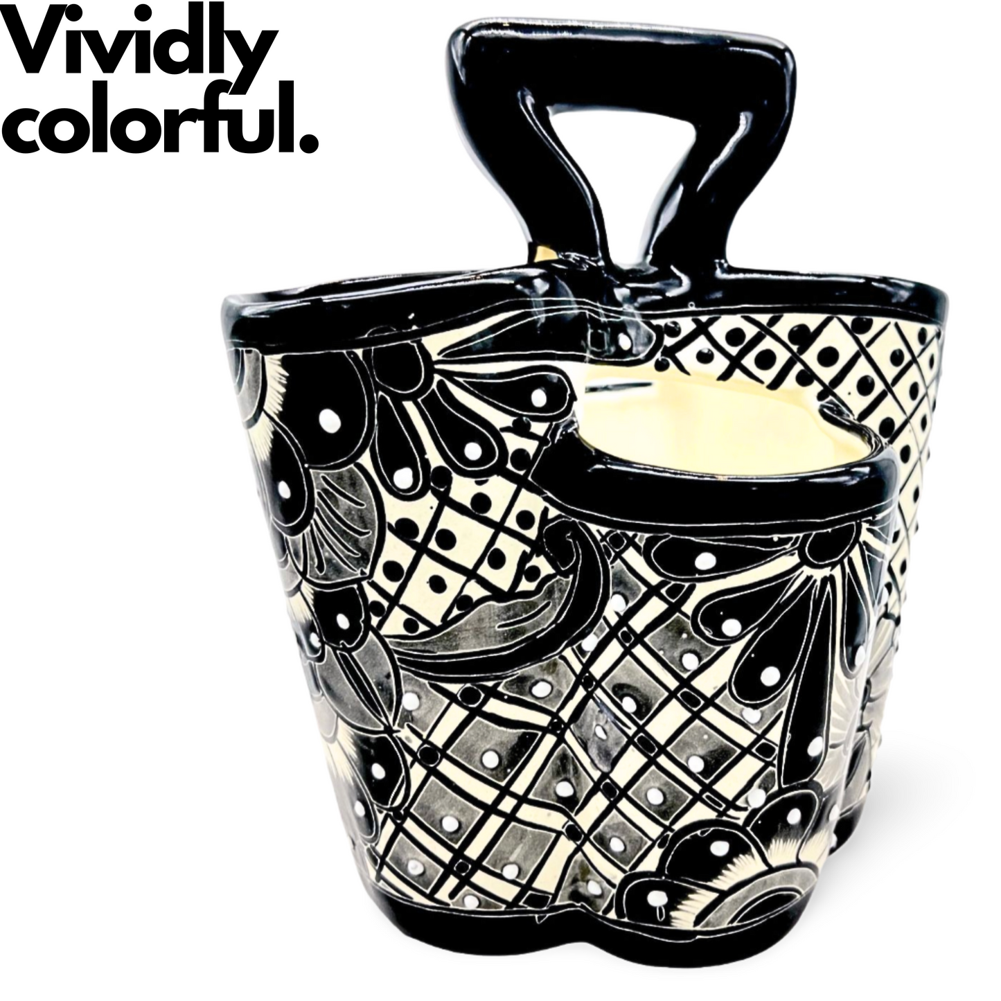 Large black and white ceramic utensil holder, hand-painted, handmade Mexican pottery, perfect as a kitchen organizer.