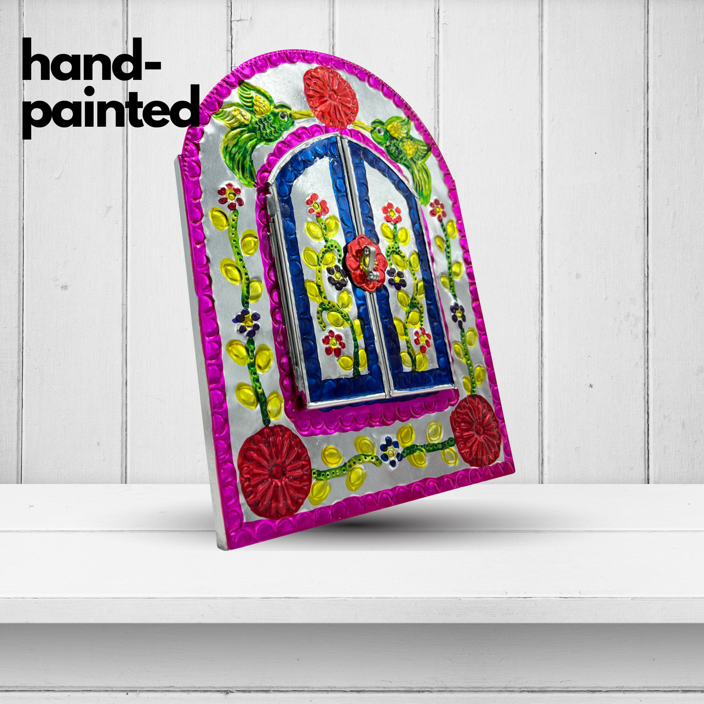 side of Handcrafted Embossed Tin Mirror, authentic Mexican folk art, perfect to add elegance and charm to any room.