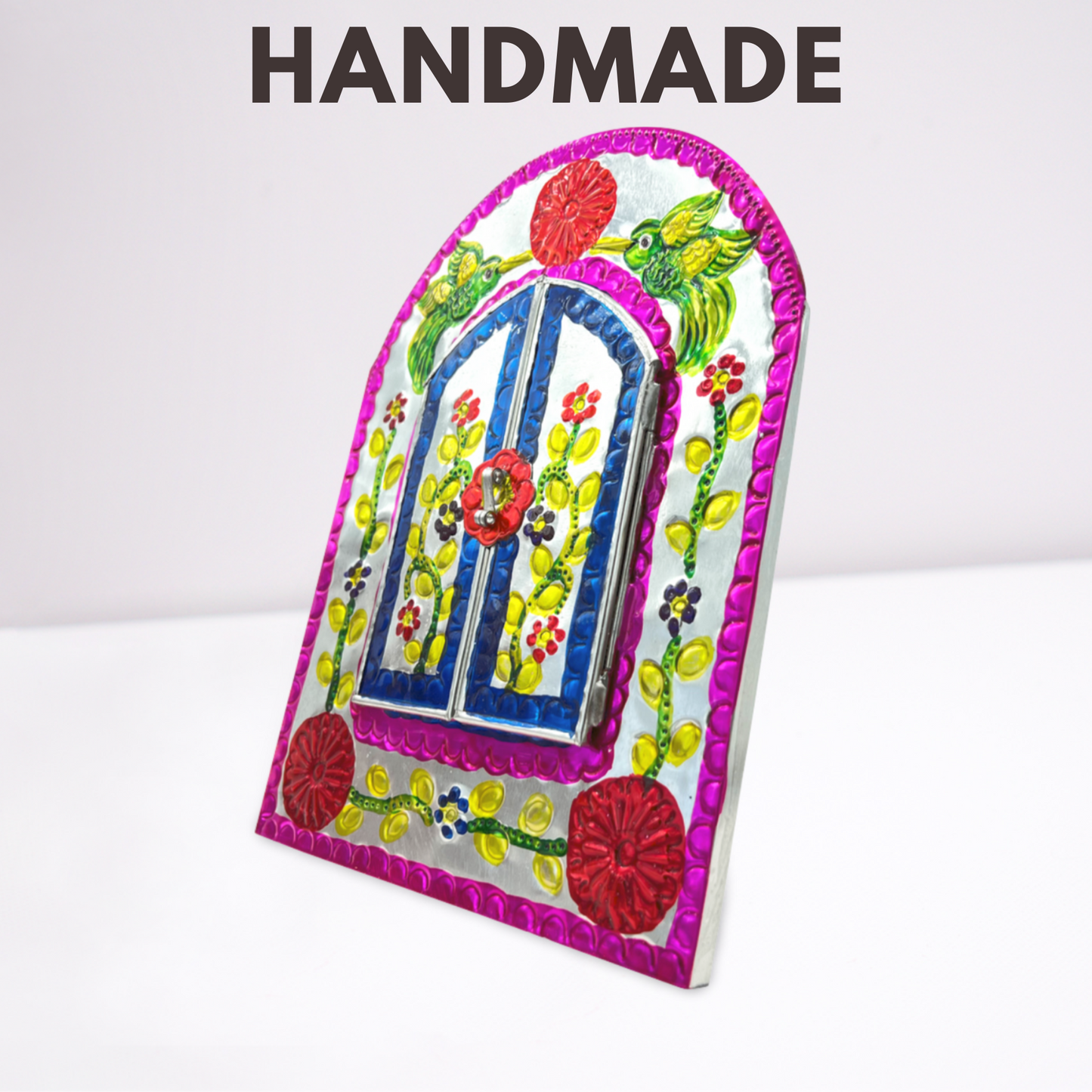 other side Handcrafted Embossed Tin Mirror, authentic Mexican folk art, perfect to add elegance and charm to any room.