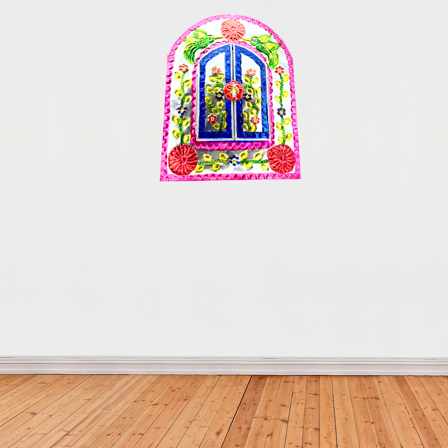 hanging Handcrafted Embossed Tin Mirror, authentic Mexican folk art, perfect to add elegance and charm to any room.
