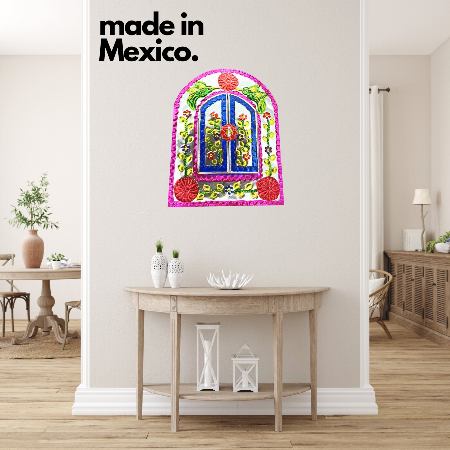 hanged Handcrafted Embossed Tin Mirror, authentic Mexican folk art, perfect to add elegance and charm to any room.