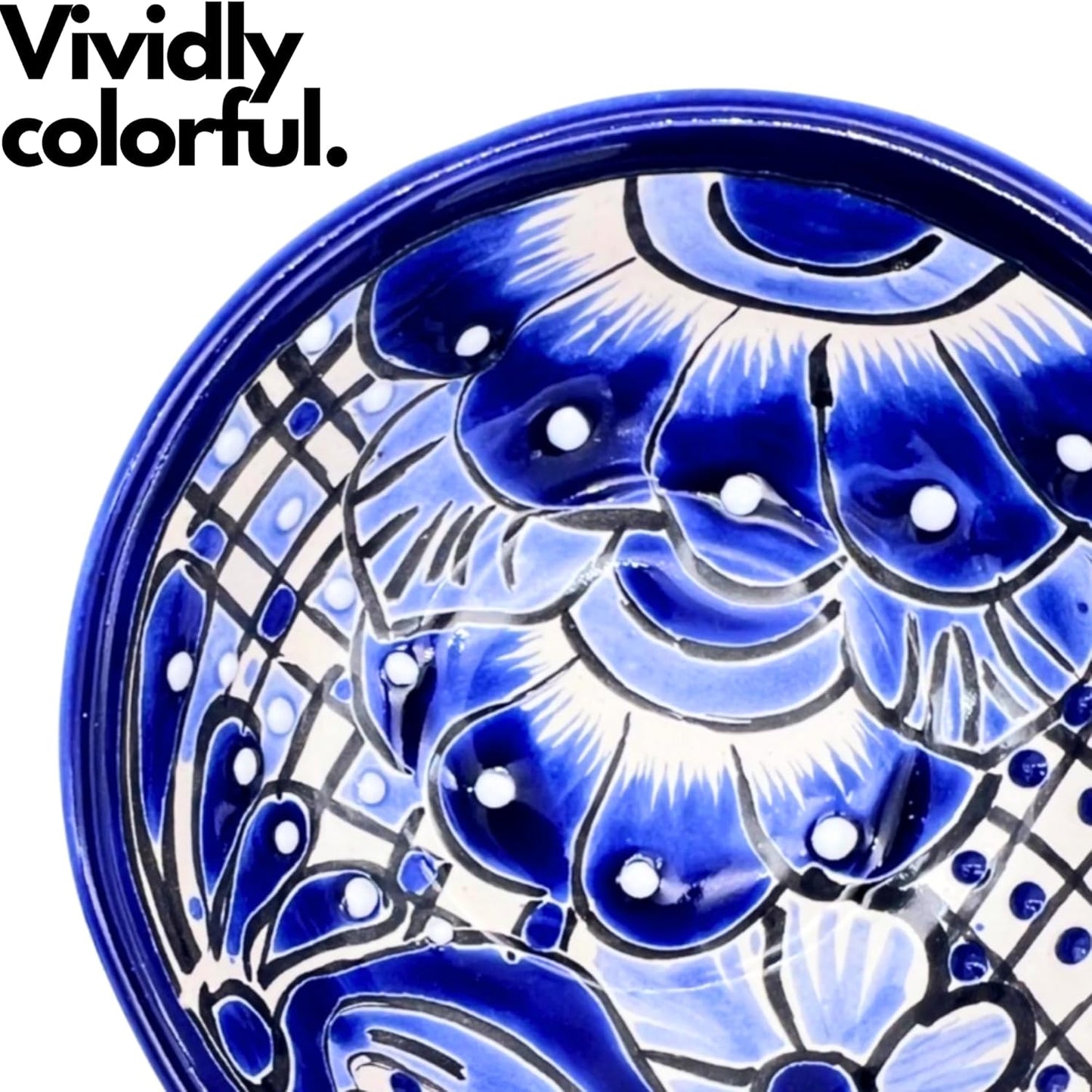 Blue and white Talavera-style ceramic salsa bowl, hand-painted in Mexico — close-up of the hand-painted blue floral detail