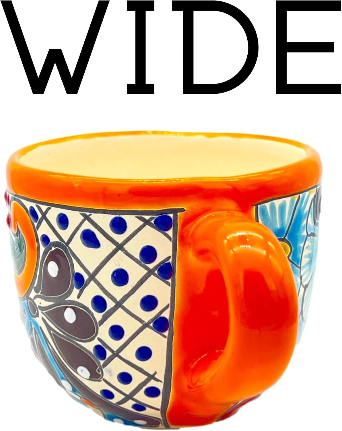 Colorful Wide Mexican Coffee Mug β shown in use
