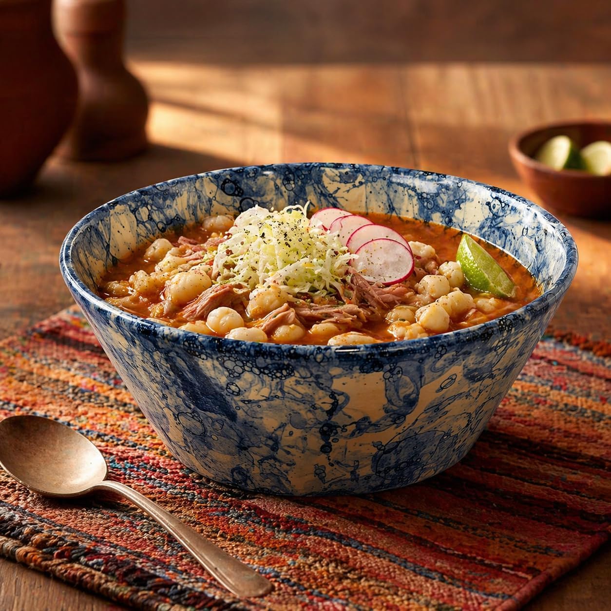 Blue & White Mexican Pozole Bowl β shown in use