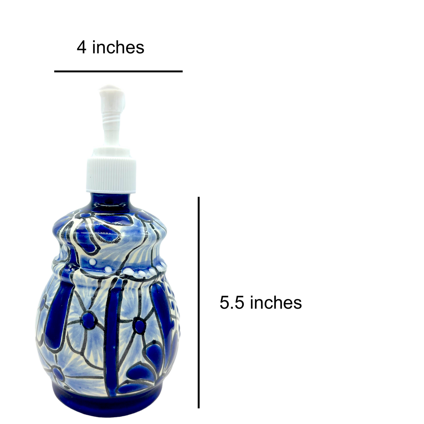 Hand-painted Talavera Ceramic Soap Dispenser in blue and white, a unique addition to kitchen or bathroom decor. size
