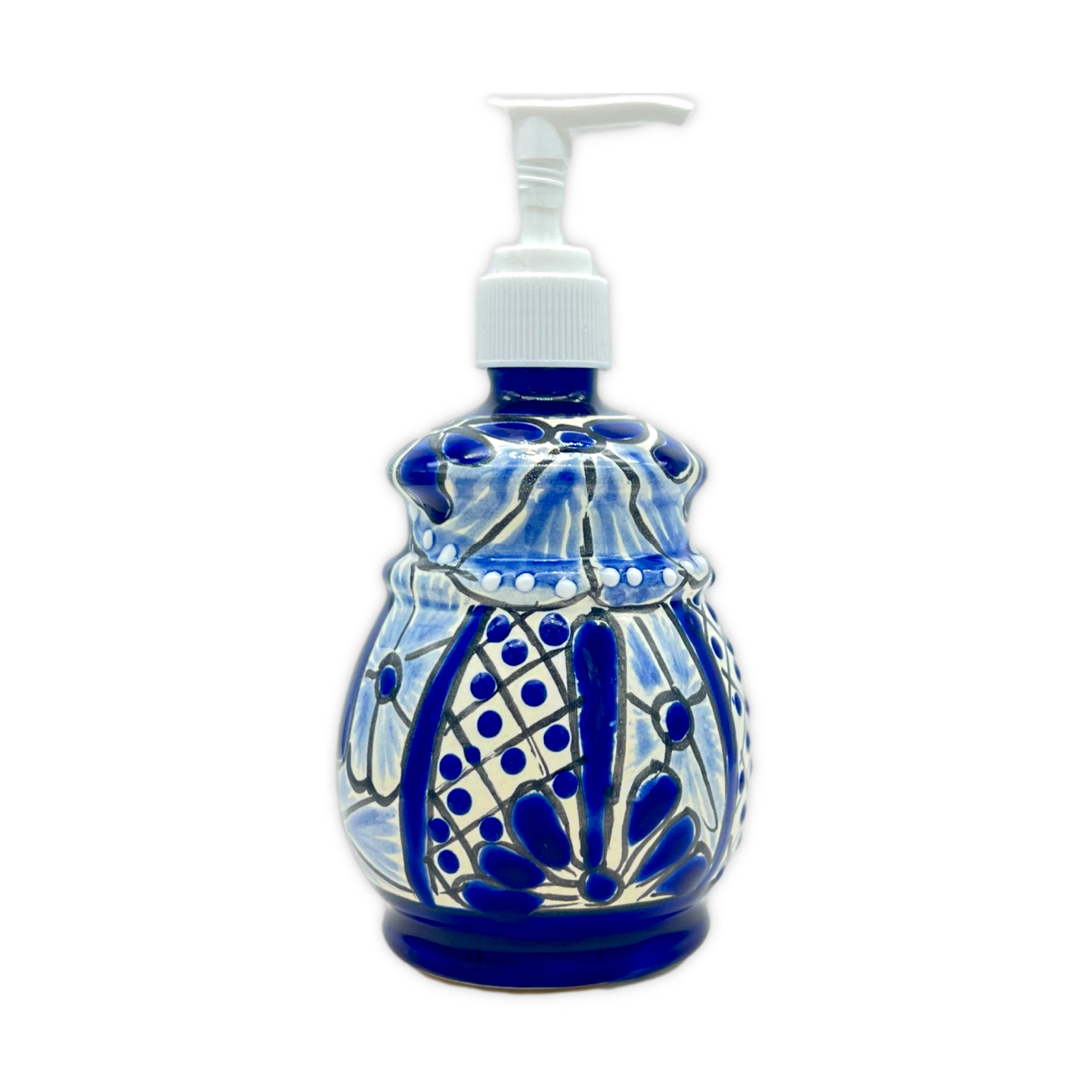 Hand-painted Talavera Ceramic Soap Dispenser in blue and white, a unique addition to kitchen or bathroom decor. side