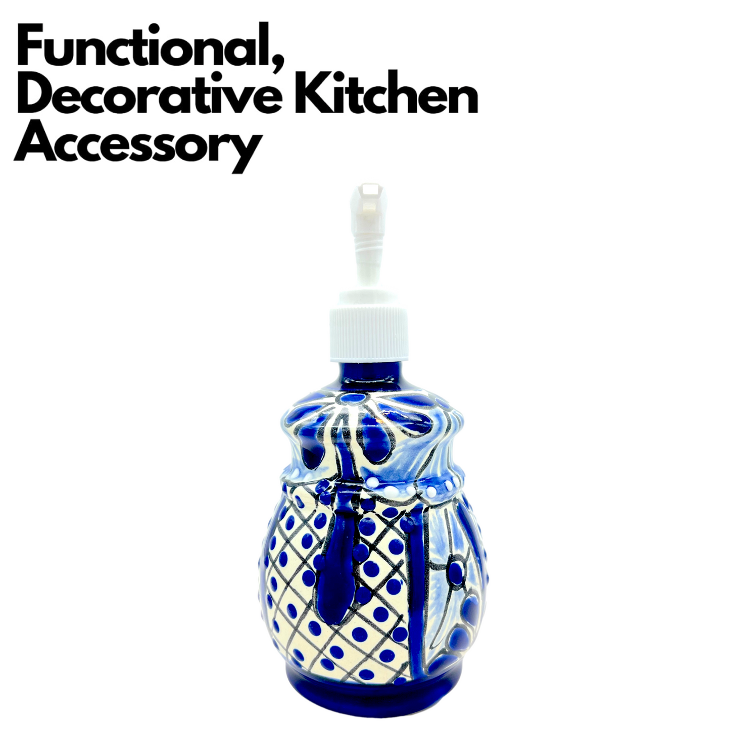 Hand-painted Talavera Ceramic Soap Dispenser in blue and white, a unique addition to kitchen or bathroom decor. decorative kitchen accesory