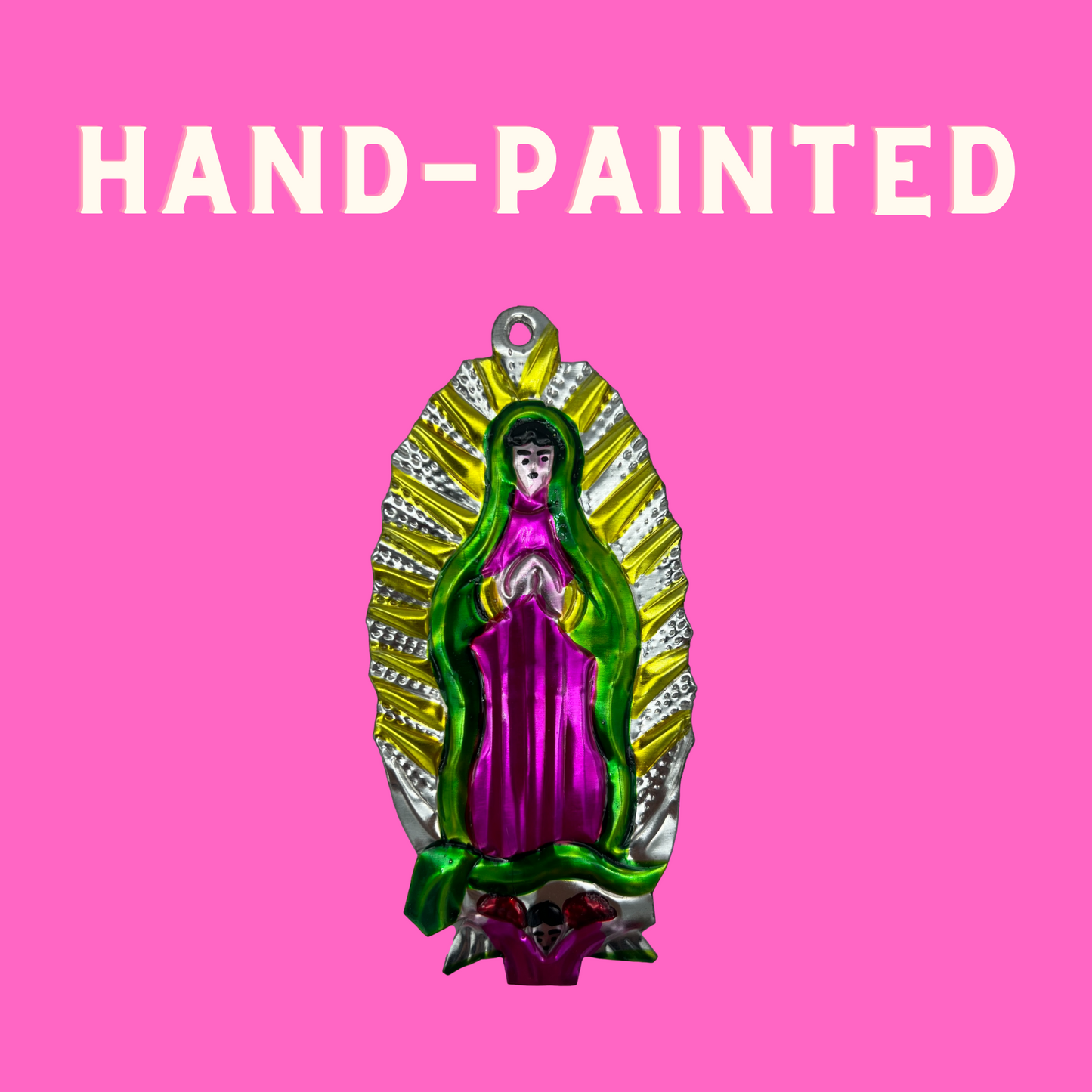 Our Lady of Guadalupe Mexican Milagro Art, a vibrant, handmade piece by skilled Mexican artisans.
