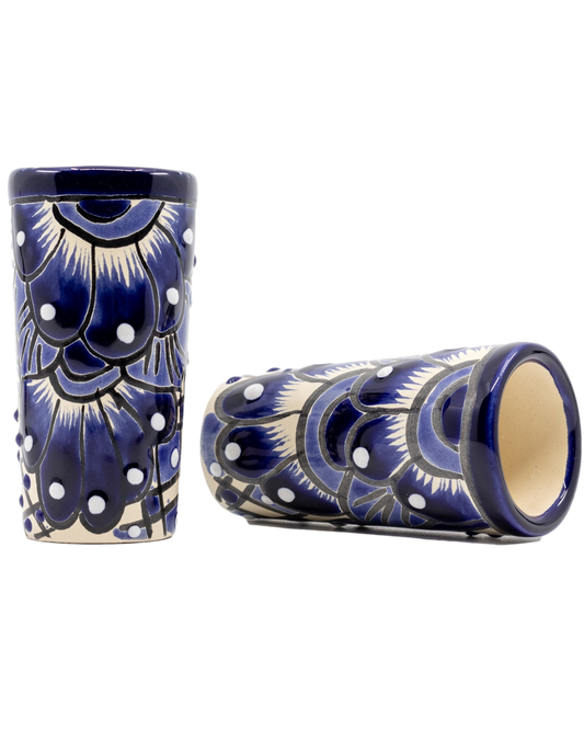 blue and white ceramic shot set
