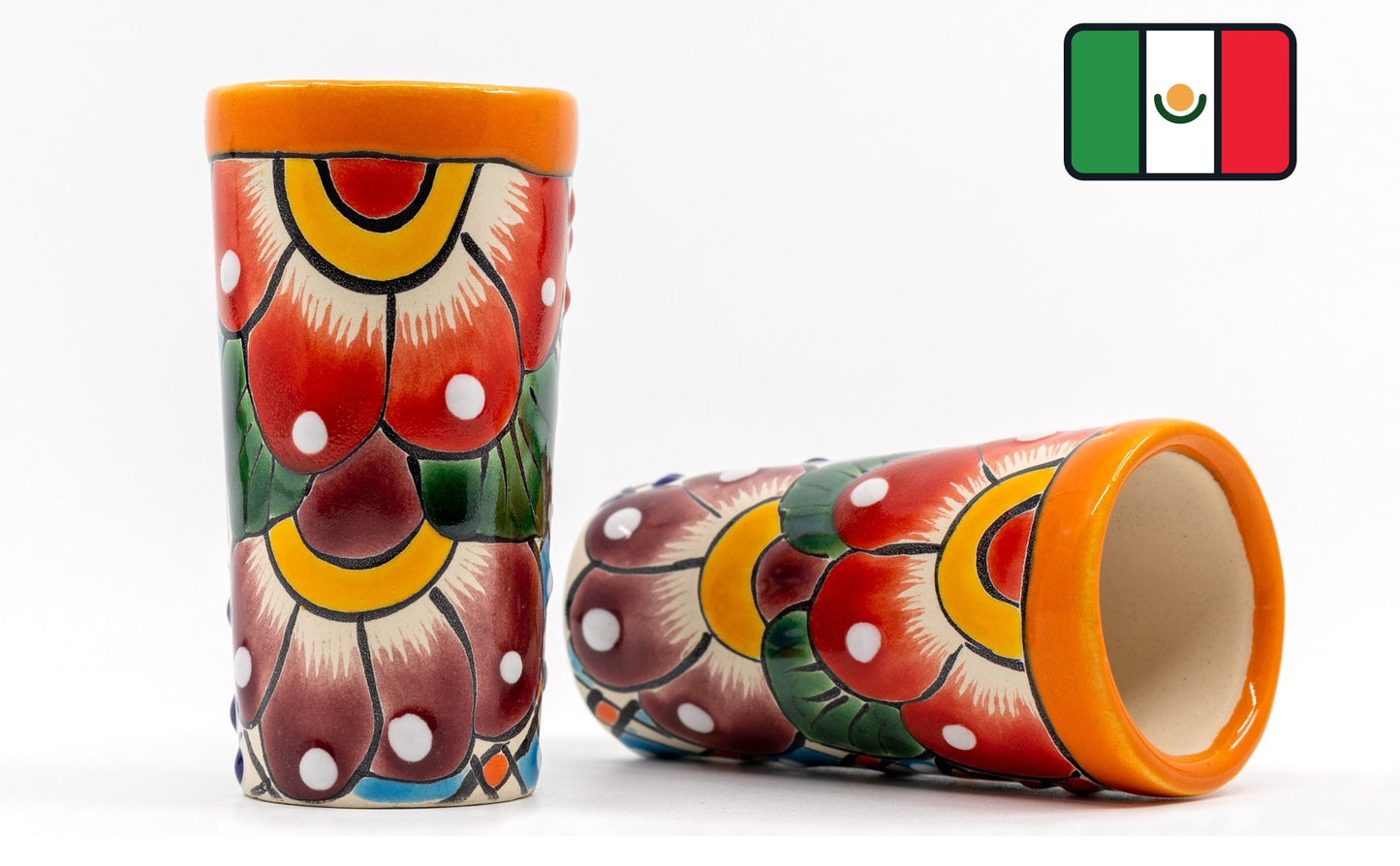 Colorful Mexican handmade tequilero shot set (2 ceramic shots), featuring multicolor Mexican folk art, made in Mexico for an authentic experience