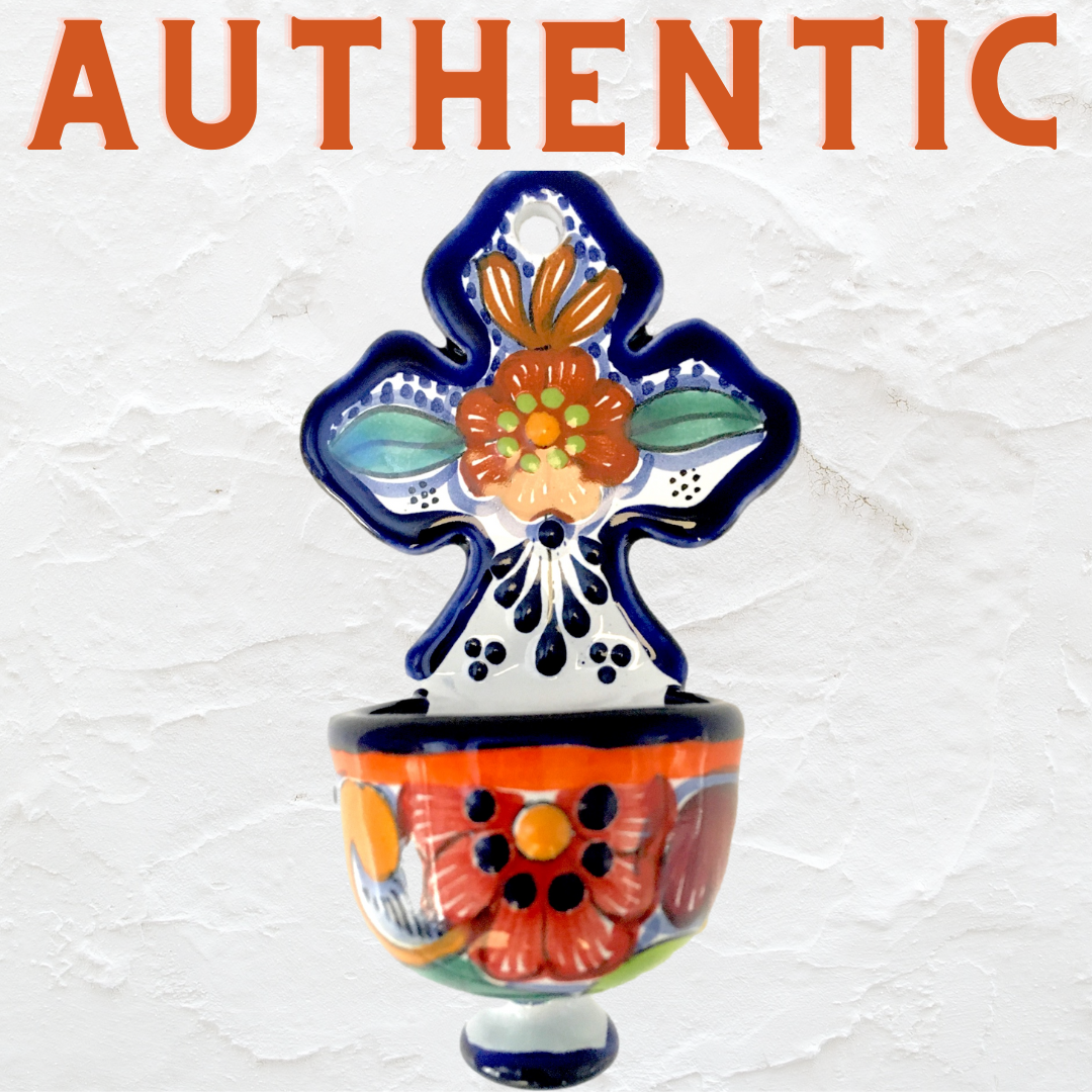Mexican handmade Talavera holy water font, vibrant hand-painted folk art, made in Mexico, authentic religious decor