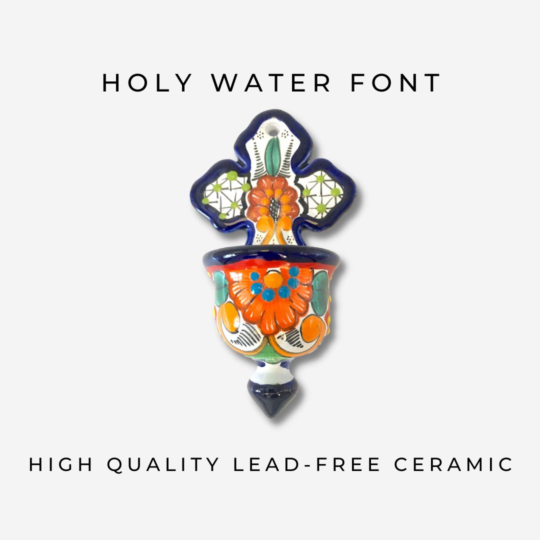 Mexican handmade Talavera holy water font, vibrant hand-painted folk art, made in Mexico, authentic religious decor
