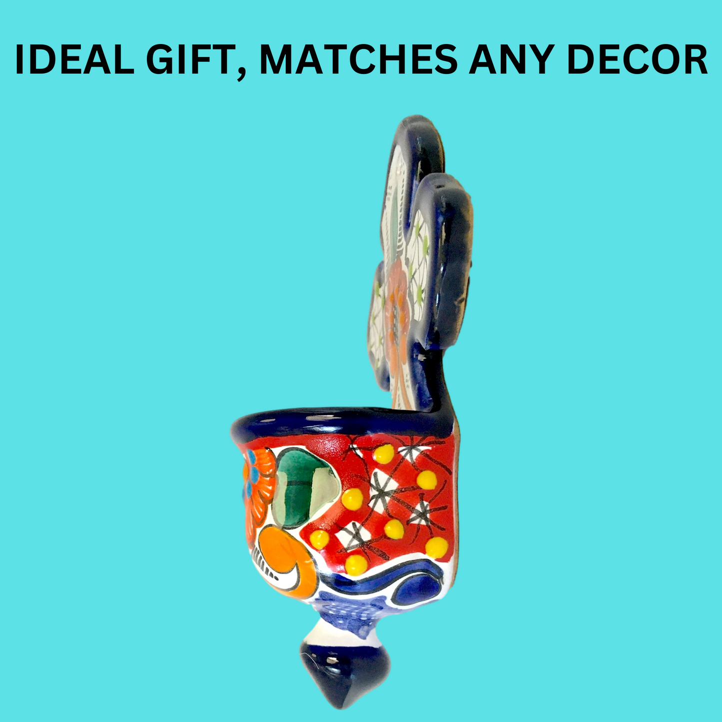 Mexican handmade Talavera holy water font, vibrant hand-painted folk art, made in Mexico, authentic religious decor