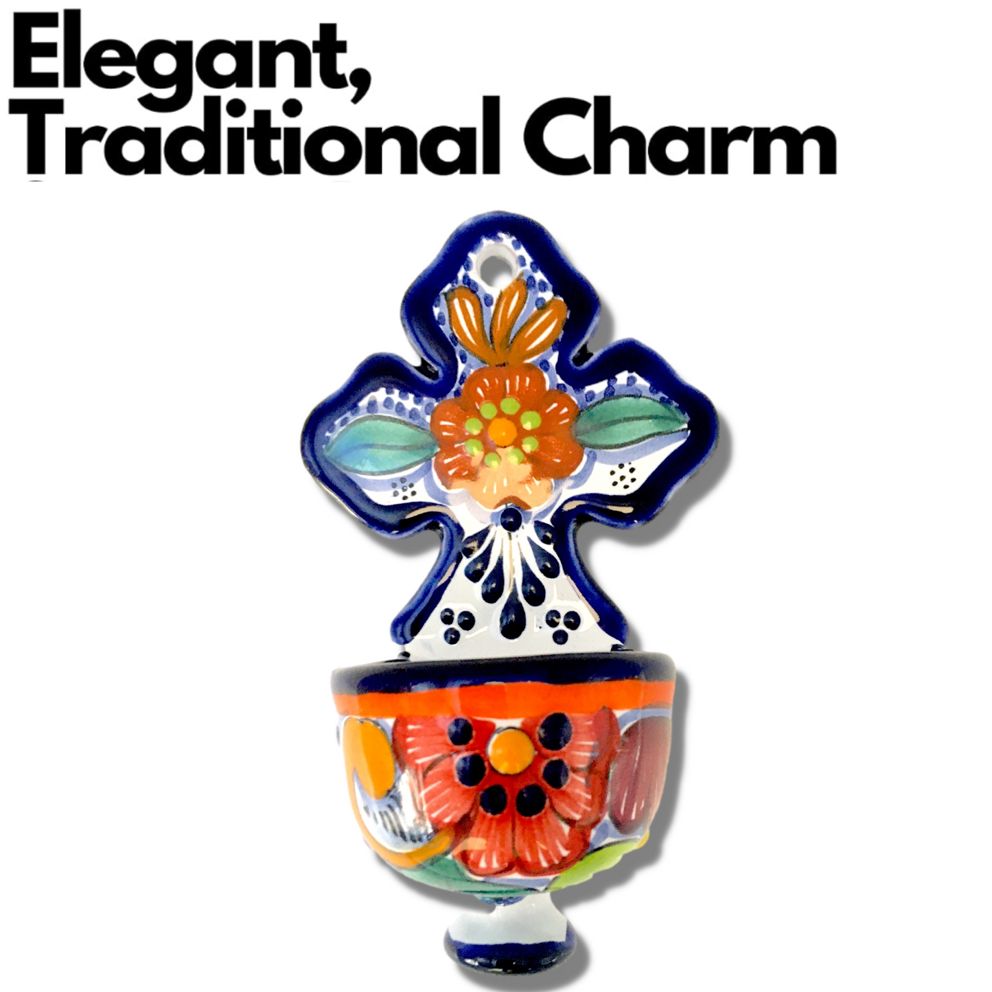 Mexican handmade Talavera holy water font, vibrant hand-painted folk art, made in Mexico, authentic religious decor