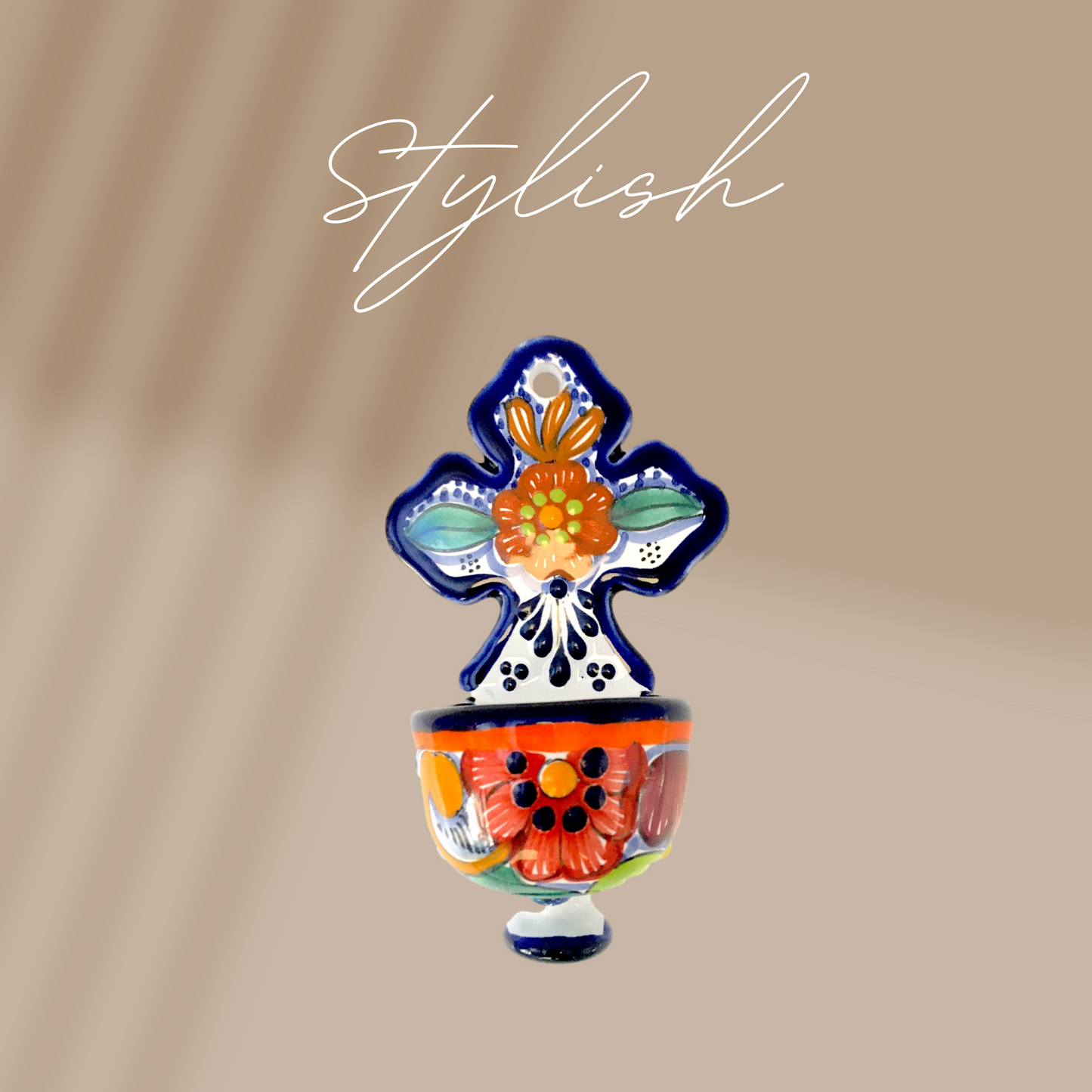 Mexican handmade Talavera holy water font, vibrant hand-painted folk art, made in Mexico, authentic religious decor