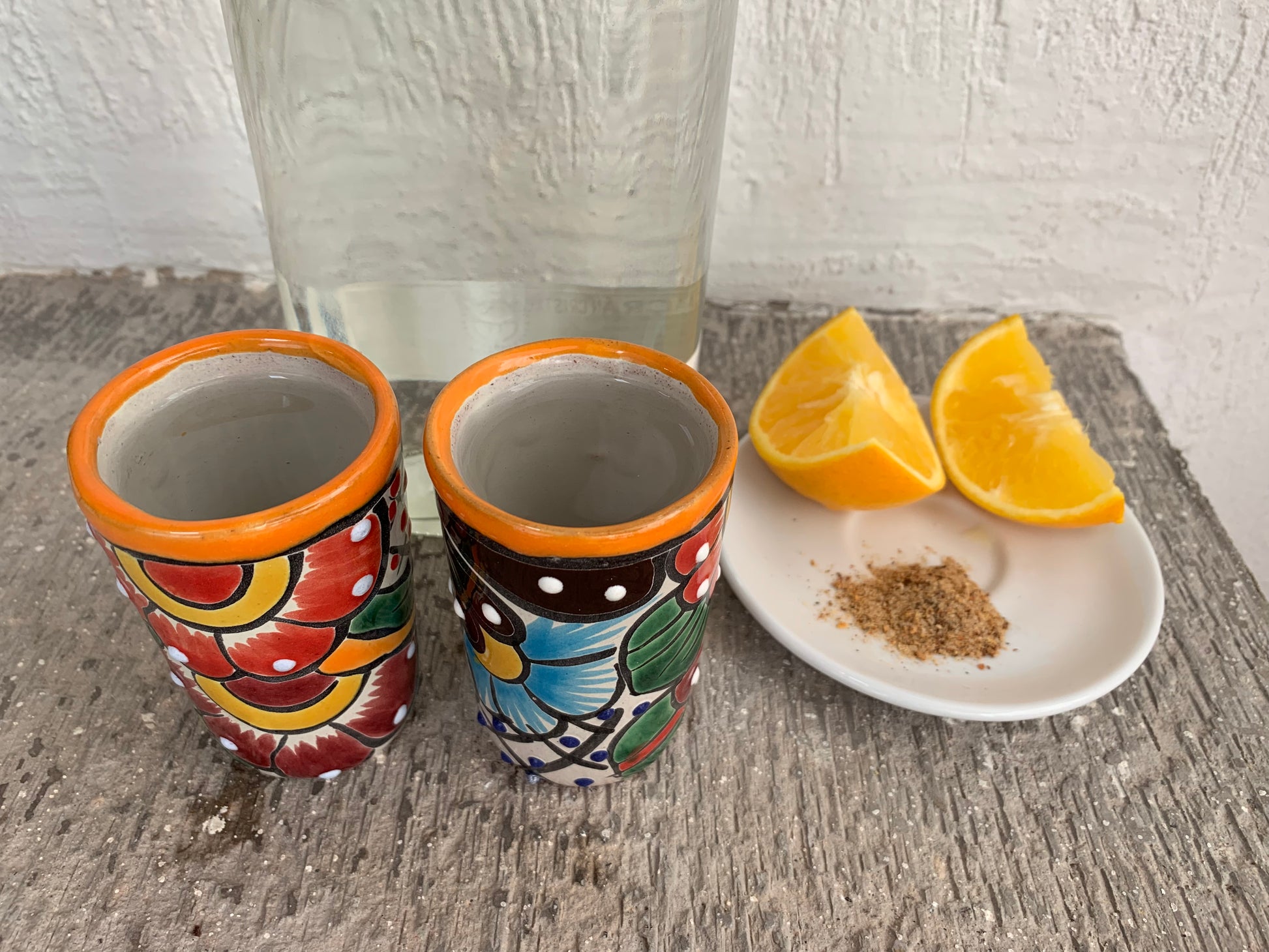Colorful Mexican handmade tequilero shot set (2 ceramic shots), featuring multicolor Mexican folk art, made in Mexico for an authentic experience