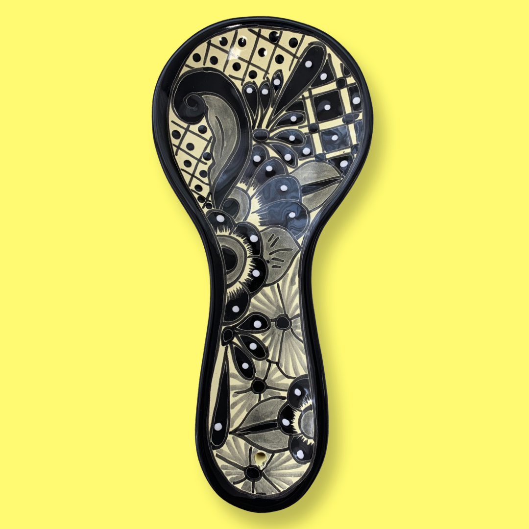 Hand Painted Talavera Ceramic Spoon Rest, a Black and White Floral Blanco/Negro design for kitchen décor, made by Mexican artisans.