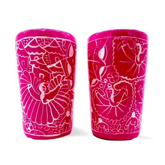 Pink ceramic shot glasses, hand-painted in Mexico with vibrant colors, ideal for tequila, mezcal, or other spirits, pack of 2.