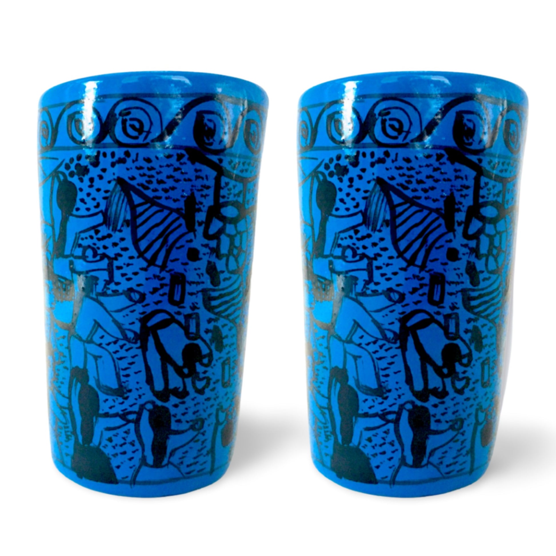Blue ceramic shot glasses, individually hand-painted in Mexico, perfect for tequila, mezcal, or other spirits, pack of 2.