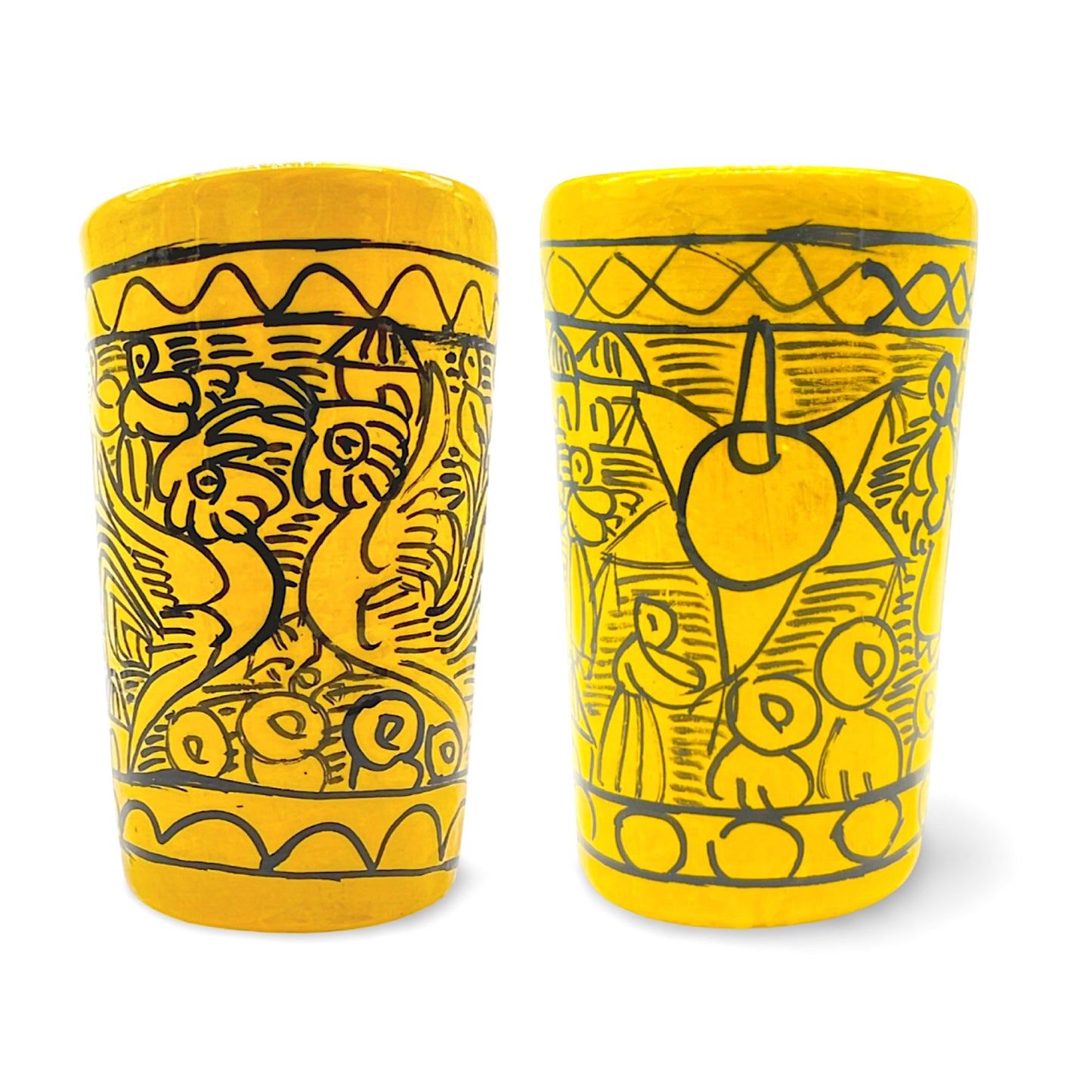 Yellow ceramic shot glasses, individually hand-painted in Mexico, perfect for tequila, mezcal, or other spirits, pack of 2.