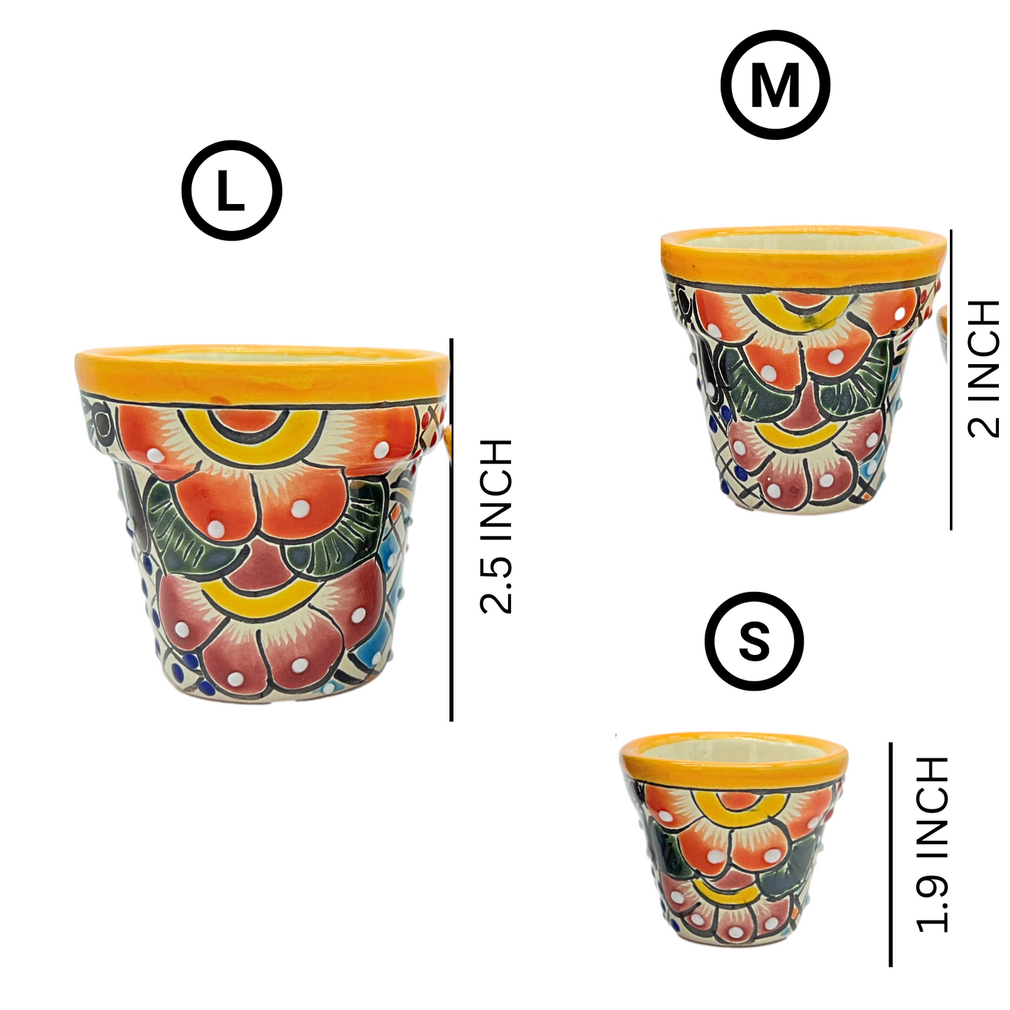 size of Talavera Ceramic Mini Plant Pots, hand-painted with vibrant designs by Mexican artisans, perfect for small plants and interior decor.