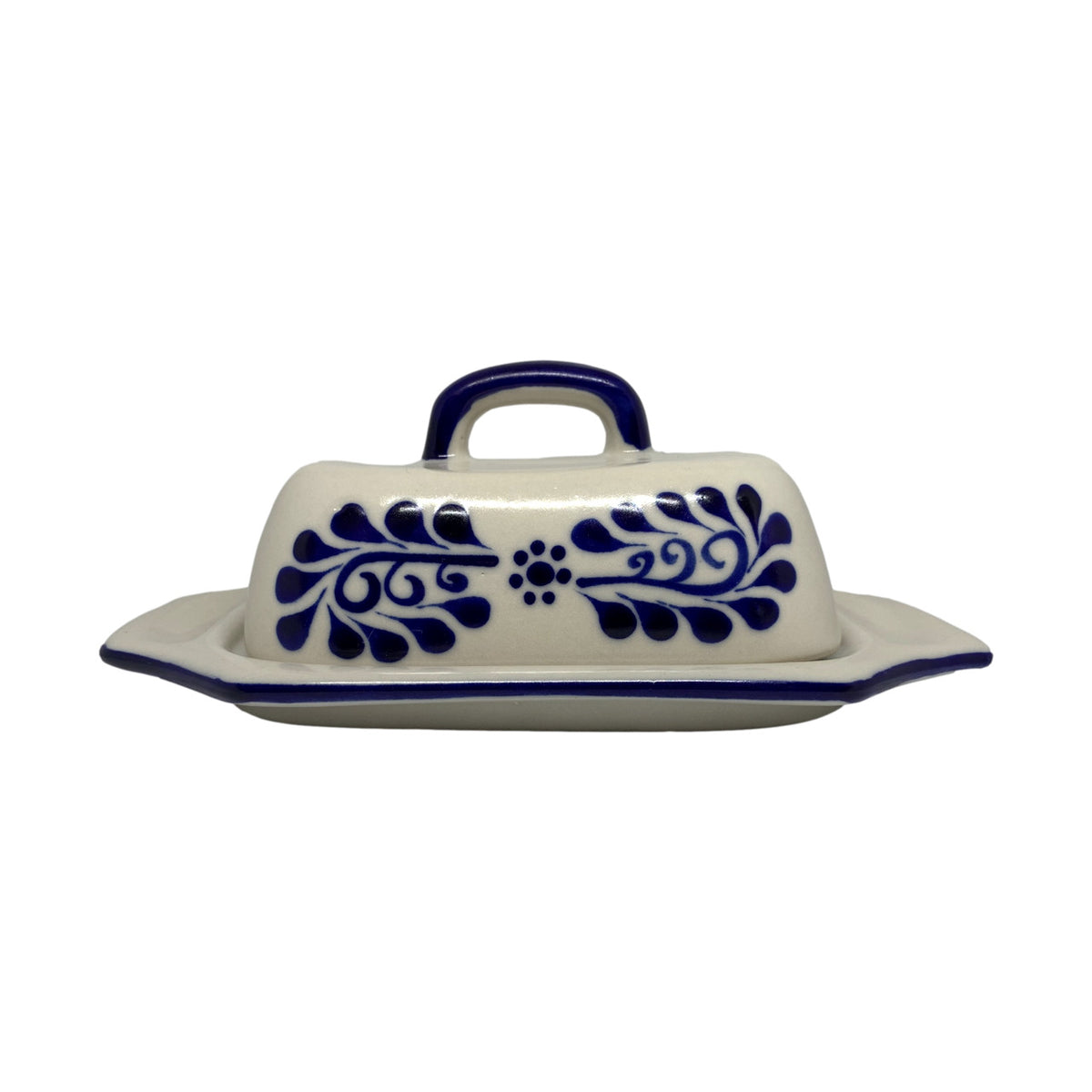 White Talavera-style butter dish with blue handle, front view