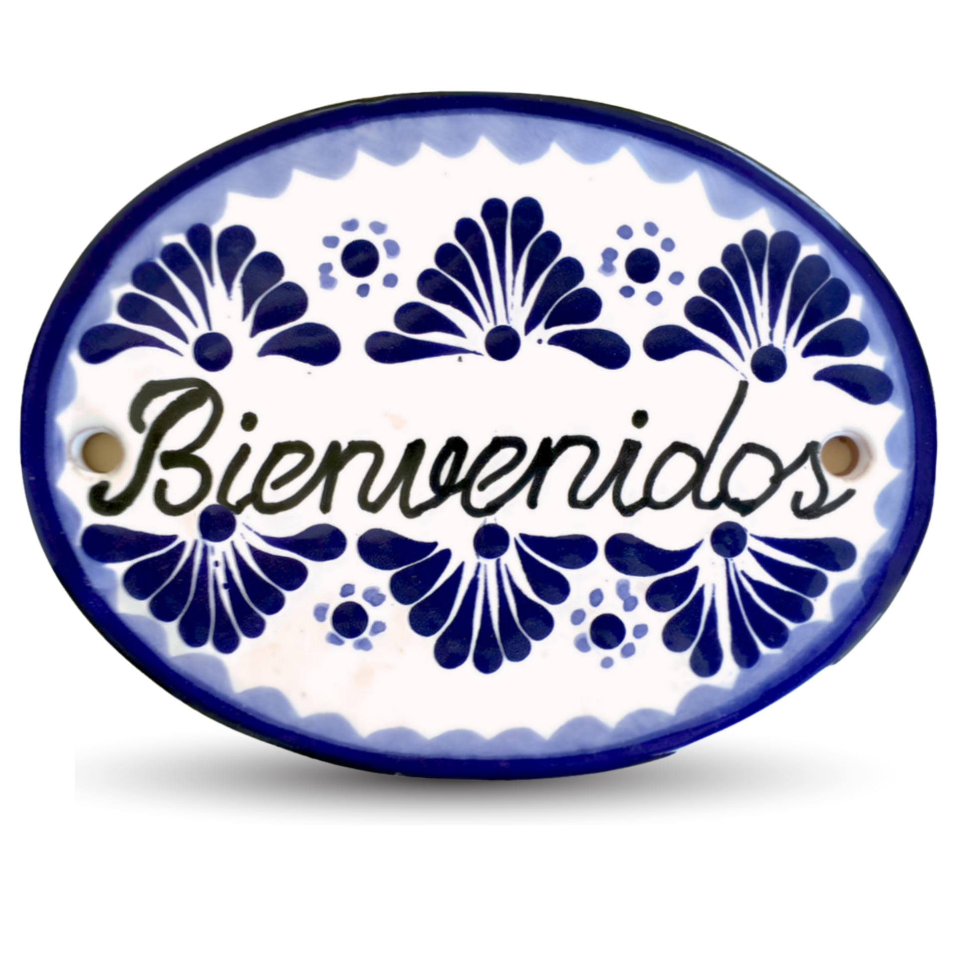 A large, handmade 'Bienvenidos' Talavera ceramic house tile sign in blue and white, suitable for indoor and outdoor use.