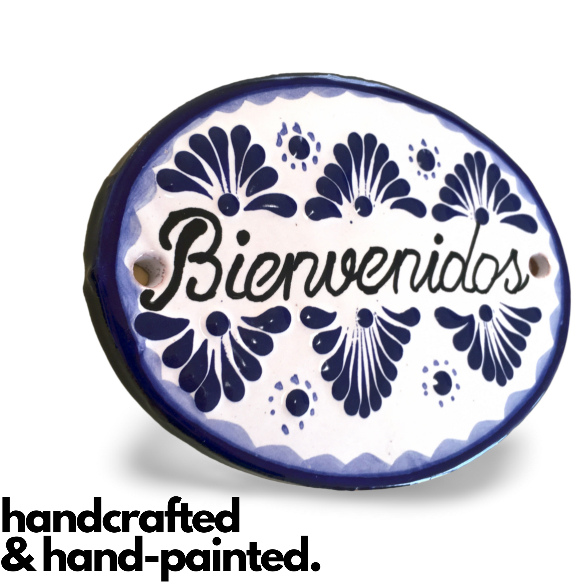 A large, handmade 'Bienvenidos' Talavera ceramic house tile sign in blue and white, suitable for indoor and outdoor use.