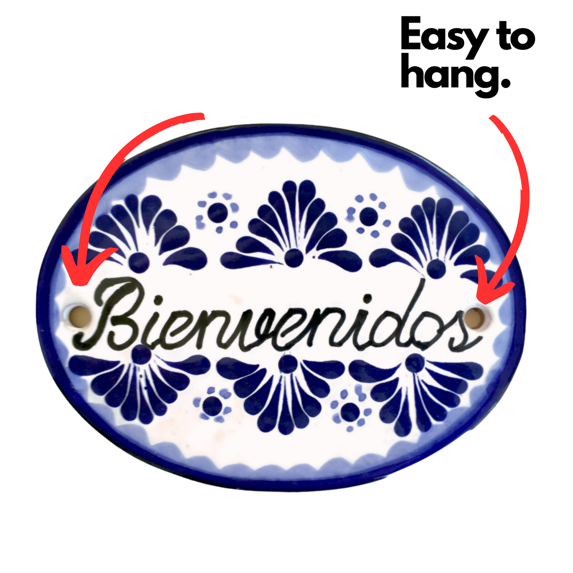 A large, handmade 'Bienvenidos' Talavera ceramic house tile sign in blue and white, suitable for indoor and outdoor use.