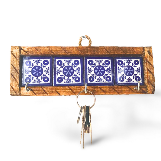Mexican style key holder with blue and white Talavera tiles, handcrafted by Mexican artisans, perfect for organizing keys and home decor.